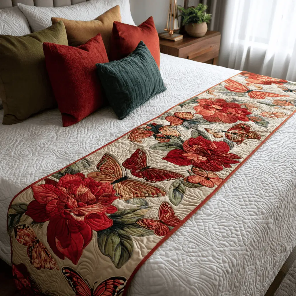 Sunny Butterfly Quilted Bed Runner Bright Butterfly Art Spring Gift for Daughter