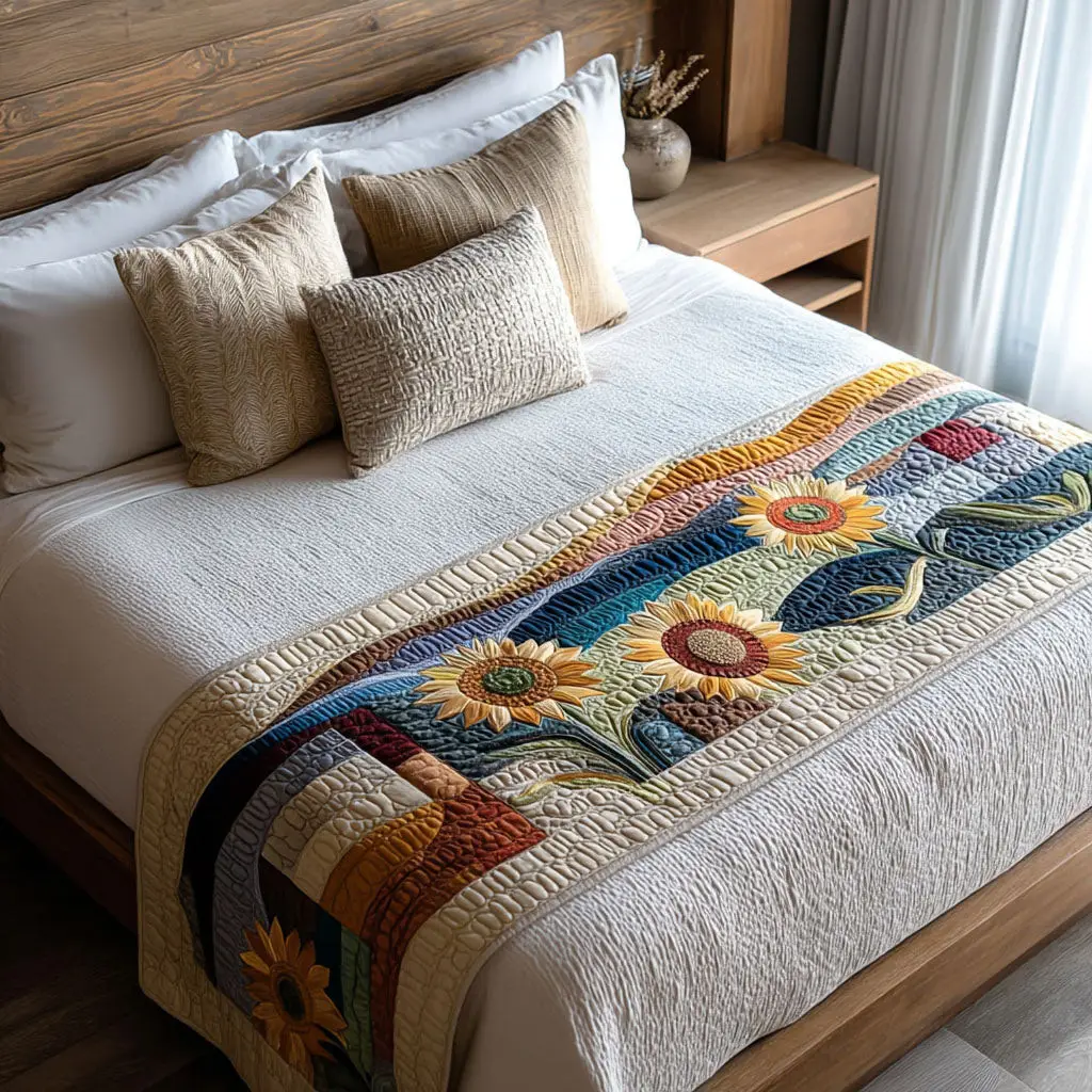 Sunny Fields of Gold Quilted Bed Runner Sunny Gold Fields Floral Gift