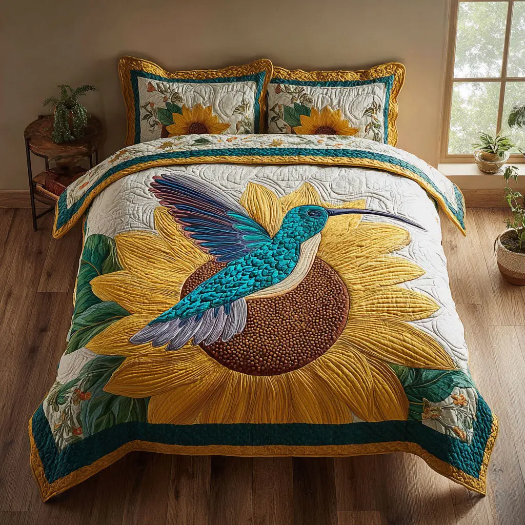 Sunny Hummingbird Quilted Bedding Set Duvet Cover Bedspread Gifts Bedroom Decorative