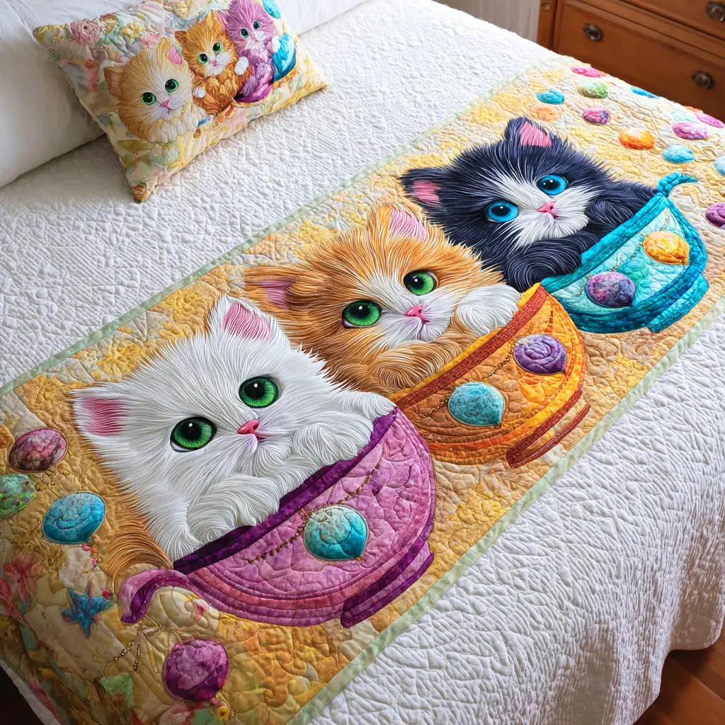 Sunny Meow Quilted Bed Runner Sunny Meow Daylight Gift for Cat Lovers