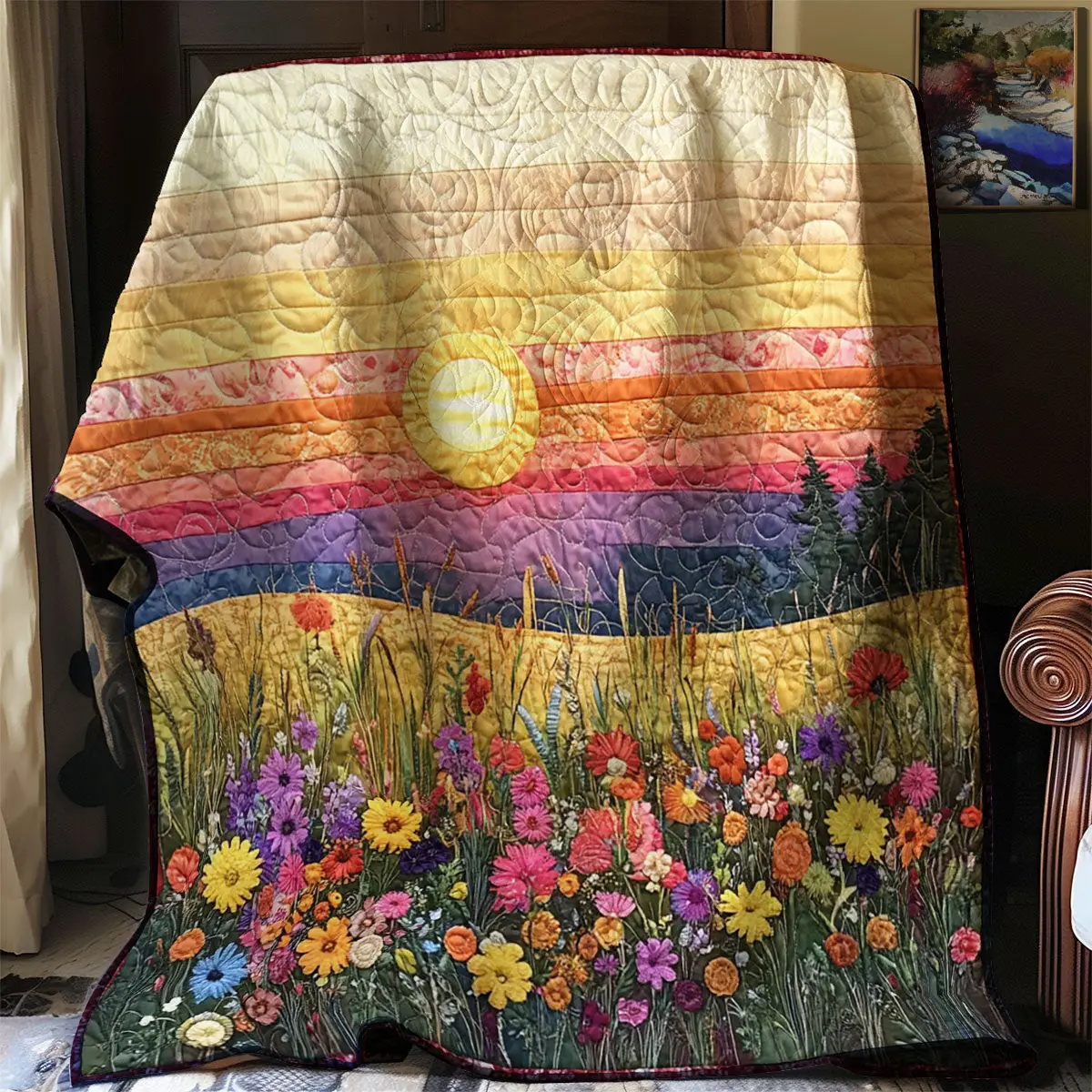 Sunrise And Wildflower Quilt Blanket For Couch Mother's Day Presents For Grandma