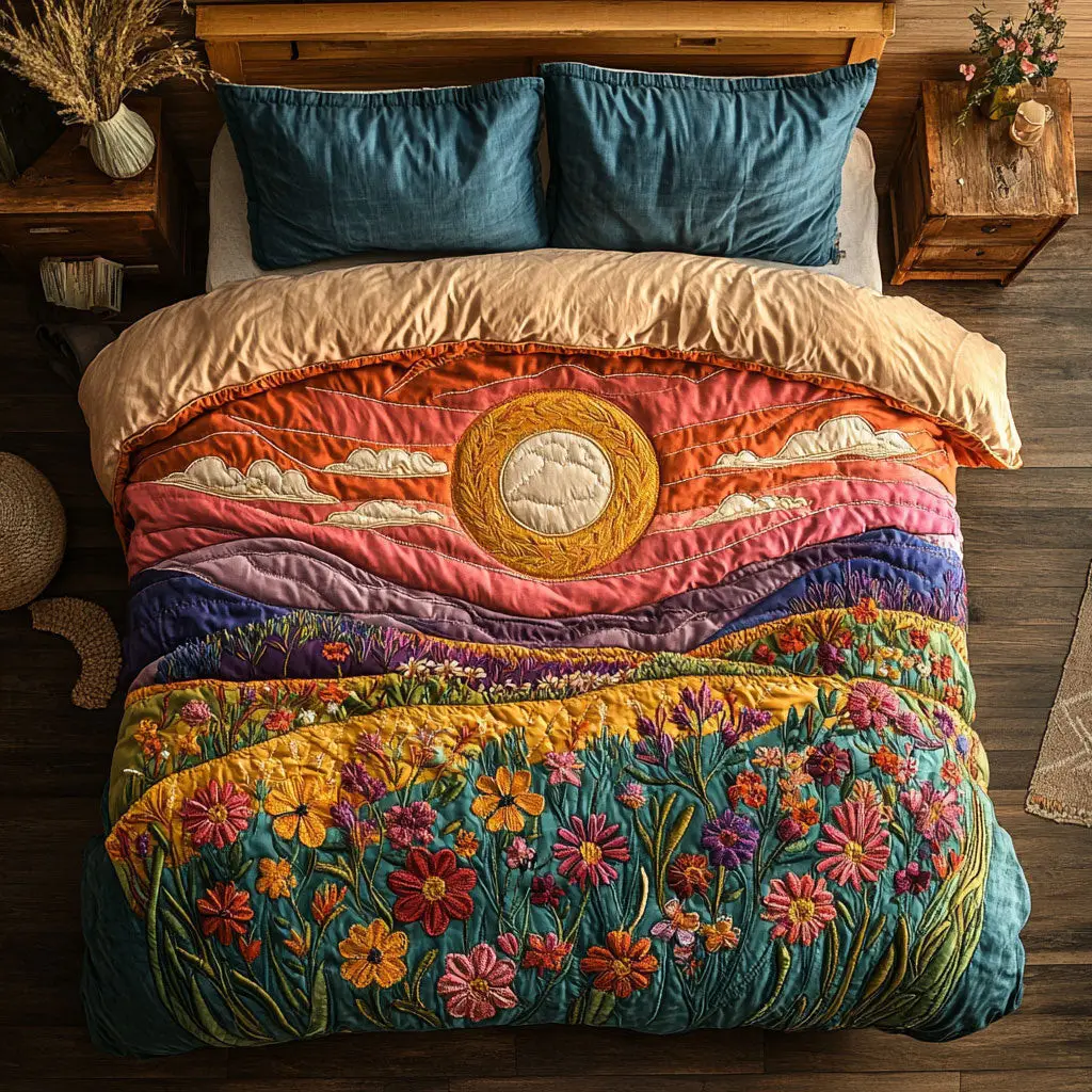 Sunrise And Wildflower Quilted Bedding Set Duvet Cover Bedspread Best Gifts For Wife