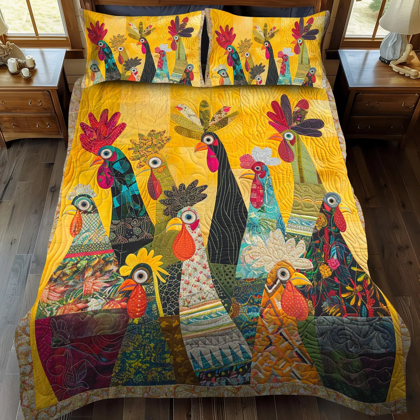 Sunrise Roosters Quilted Bedding Set King Comforter Sets Farm Themed Gift For Grandma Sunrise Roosters Quilted Bedding Set King Comforter Sets Farm Themed Gift For Grandma - Image 1