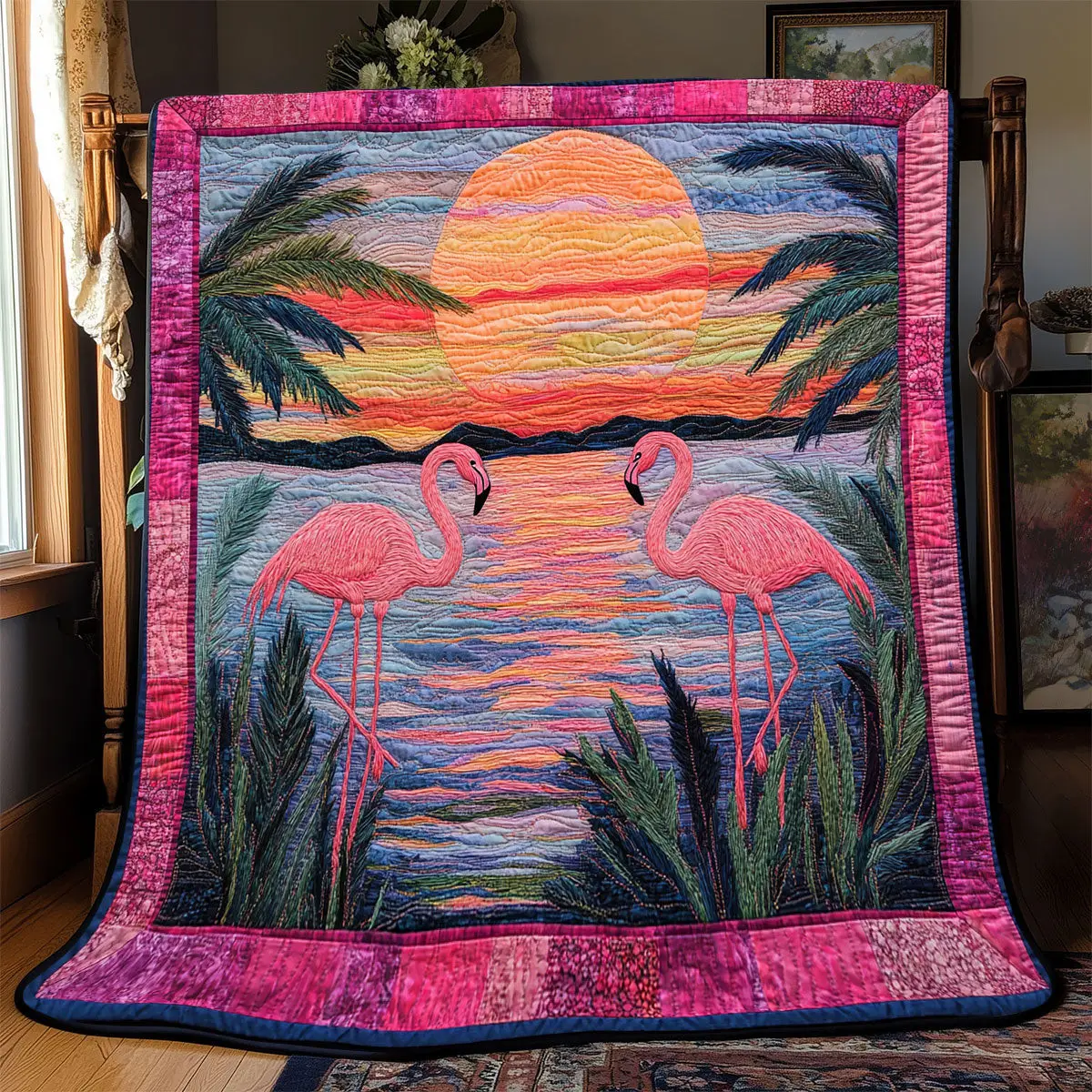 Sunset Flamingo Quilted Blankets Father's Day Gifts For Husband Sunset Flamingo Quilted Blankets Father's Day Gifts For Husband - Image 1