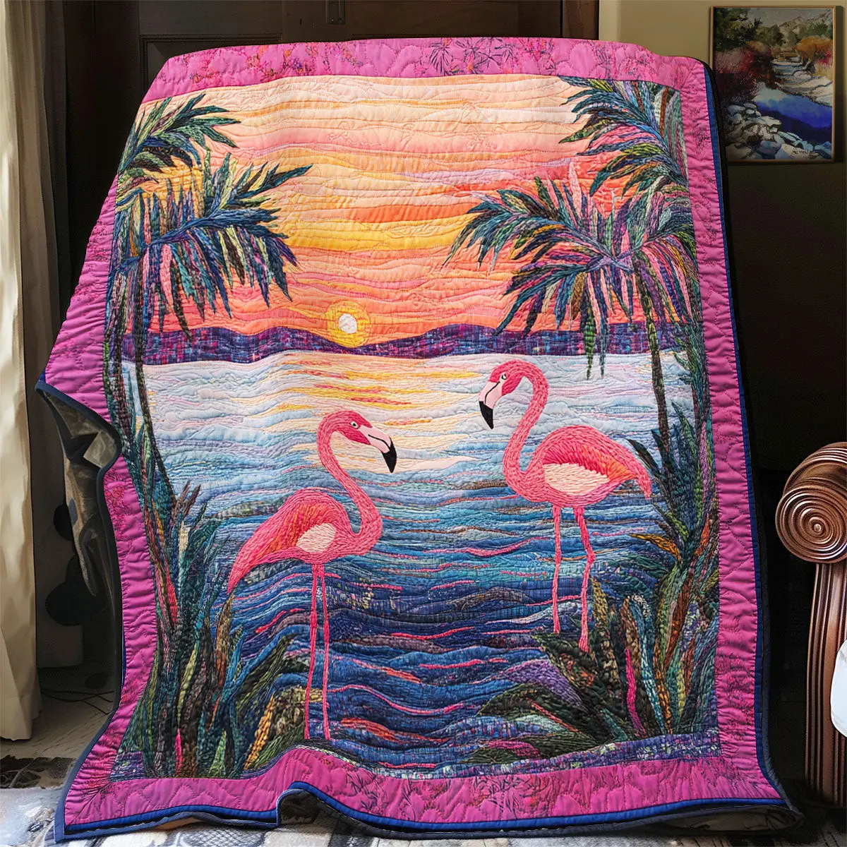 Sunset Flamingo Quilted Blankets Gift For Daughter In Law On Mother'S Day