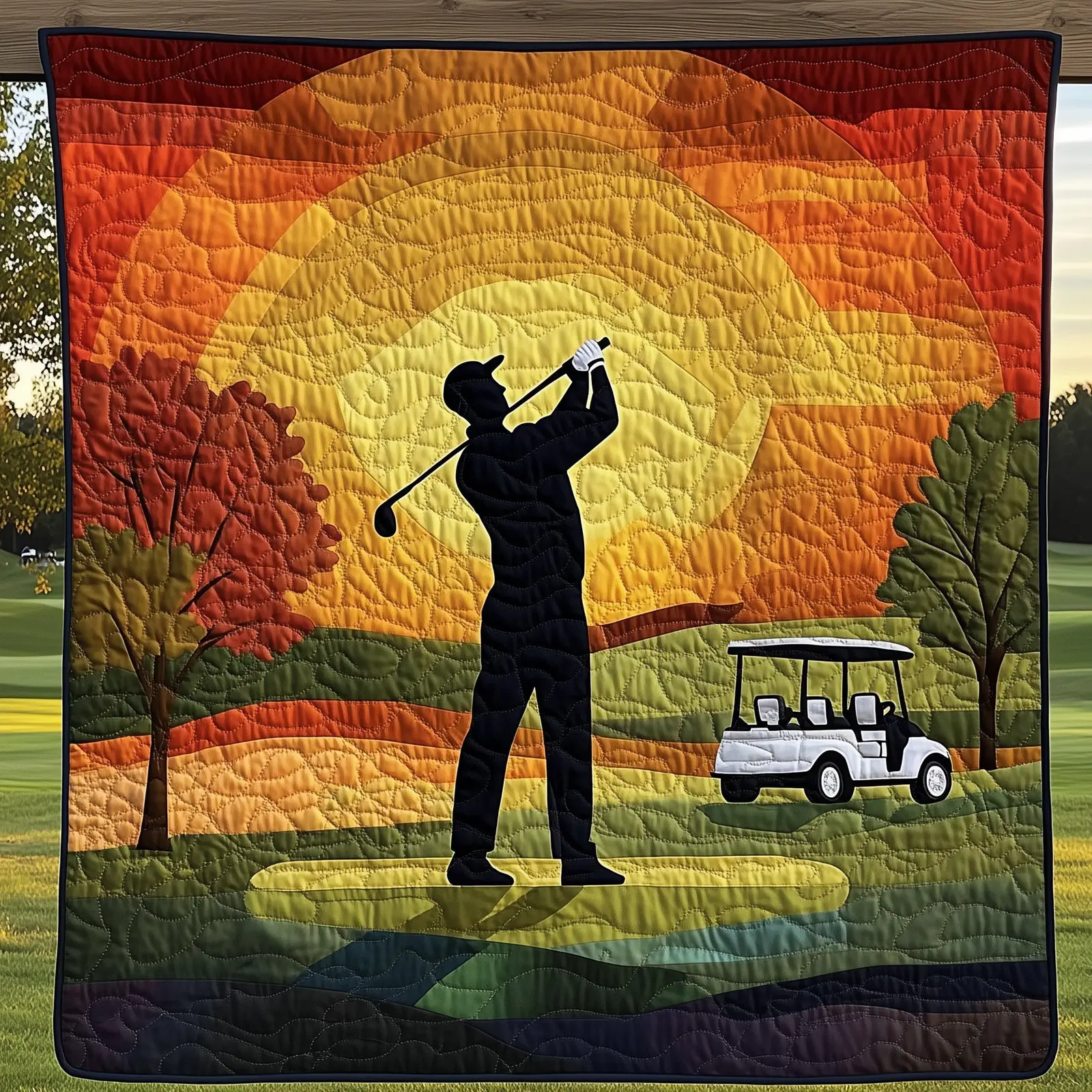 Sunset Golfer Swing Quilted Blanket Elegant Golfer Silhouette Sunset And Golfer Themed Gifts