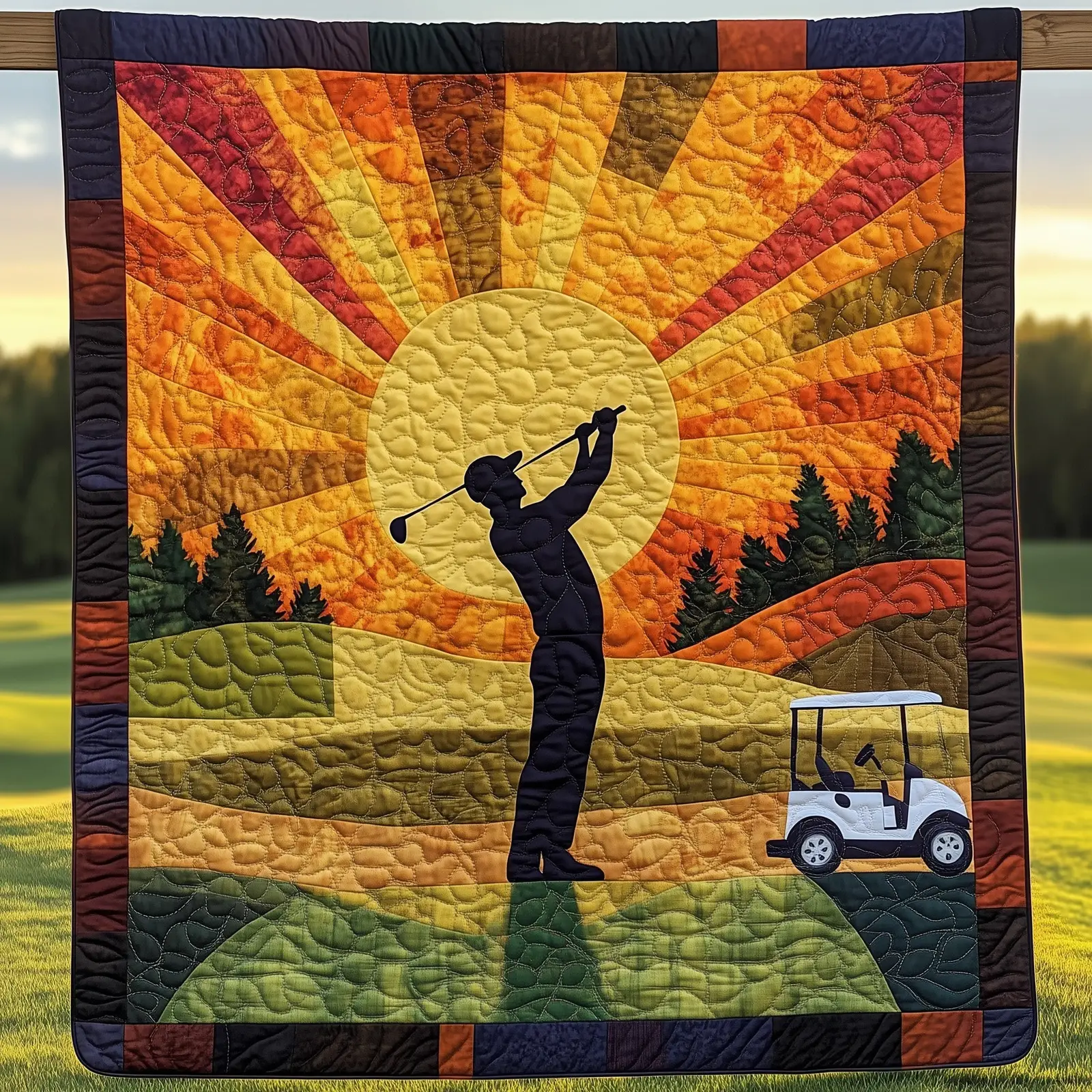 Sunset Golfer Swing Quilted Blanket Peaceful Golf Course Art Sunset And Golfer Themed Gifts Sunset Golfer Swing Quilted Blanket Peaceful Golf Course Art Sunset And Golfer Themed Gifts - Image 1