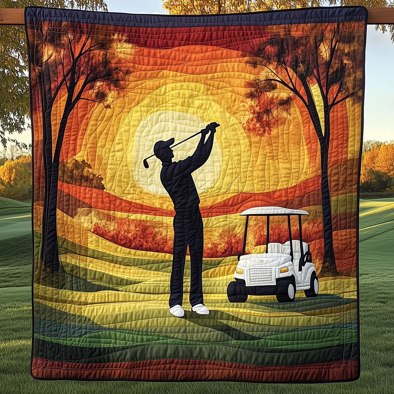 Sunset Golfer Swing Quilted Blanket Relaxing Sport Theme Quilt Sunset And Golfer Themed Gifts