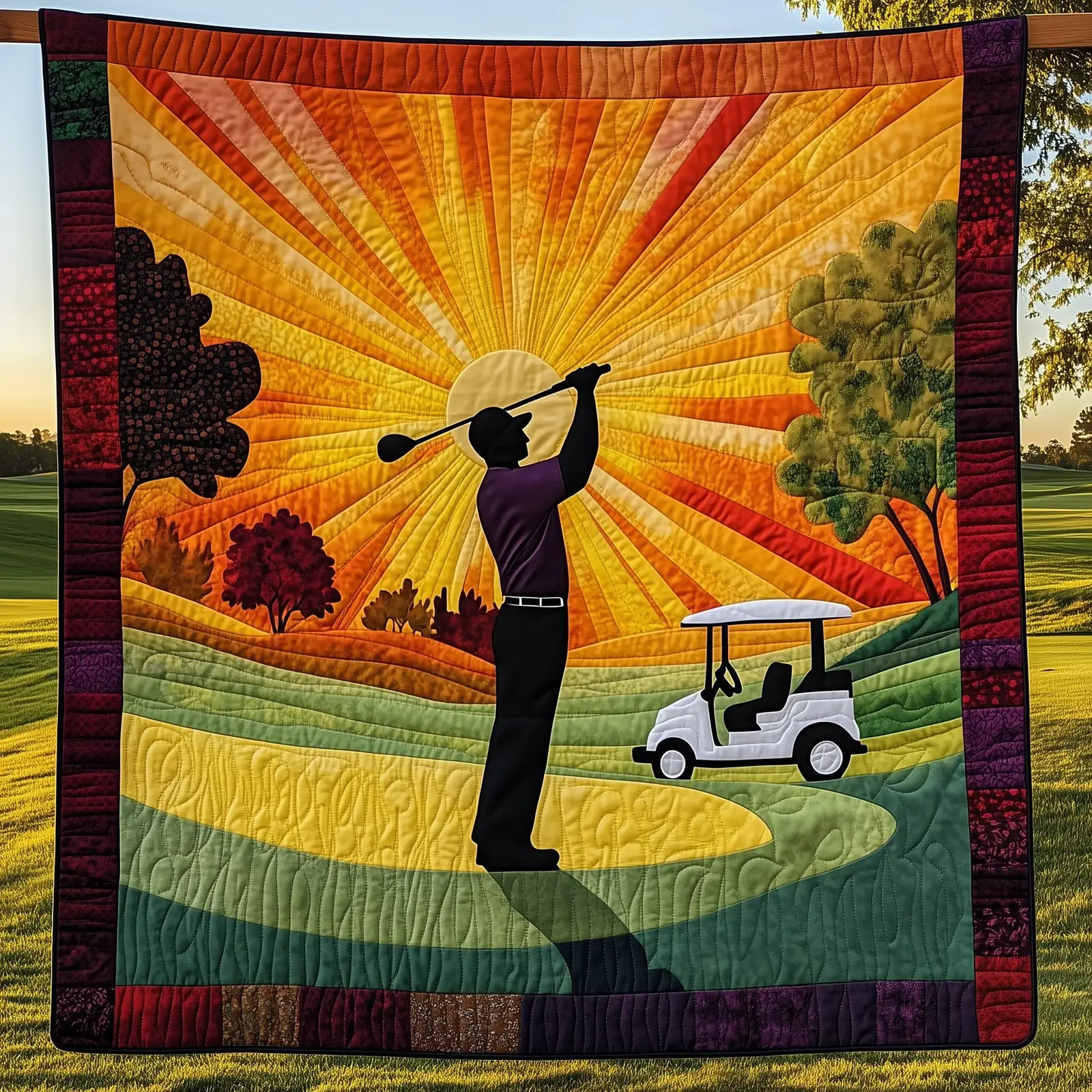 Sunset Golfer Swing Quilted Blanket Serene Golfing Comfort Sunset And Golfer Themed Gifts
