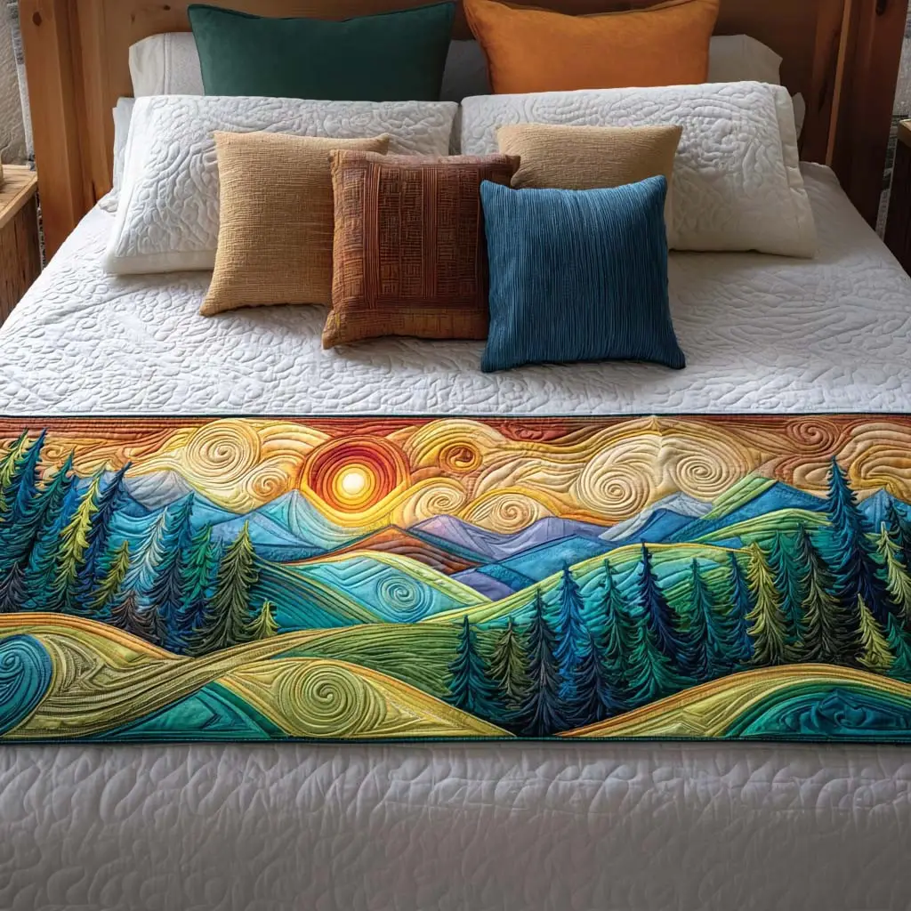Sunset Hillscape Quilted Bed Runner Sunset Hill Artwork Anniversary Gift for Wife