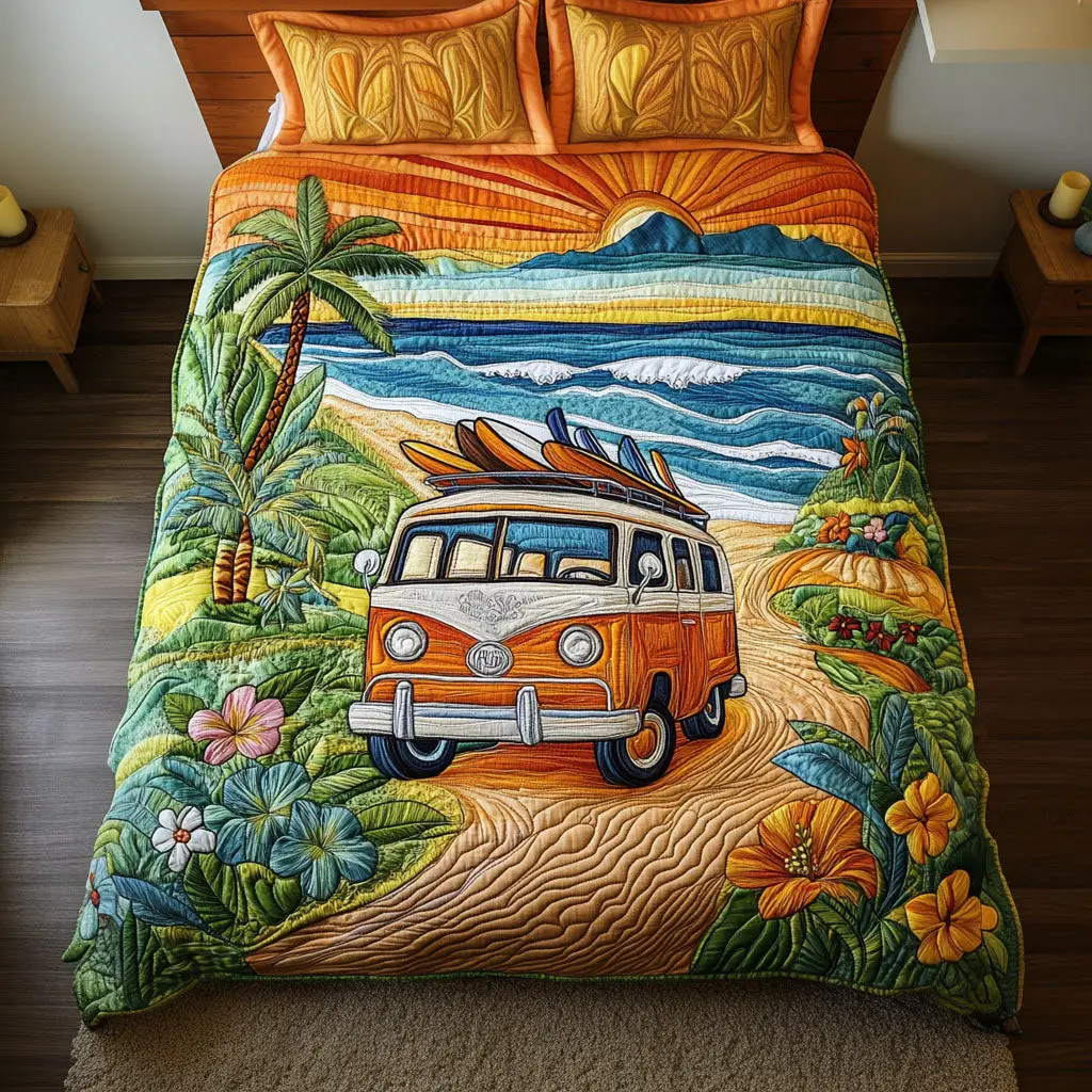 Sunset Palm Vibes Quilted Bedding Set Bed Decorations Birthday Gift For Hippie Friend