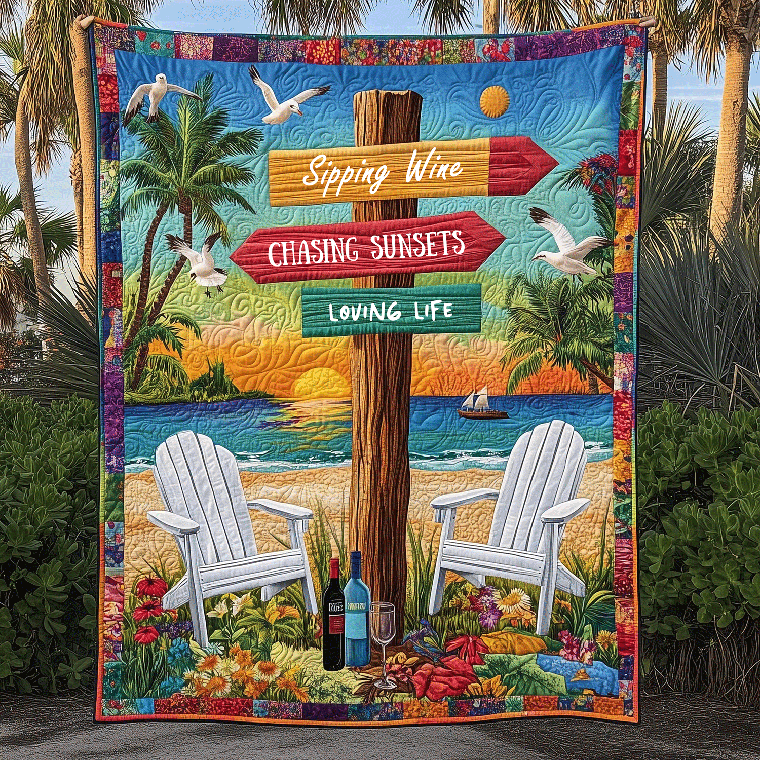 Sunset Seaside Sips Quilted Blanket Bedroom Decor Ocean Themed Christmas Gifts
