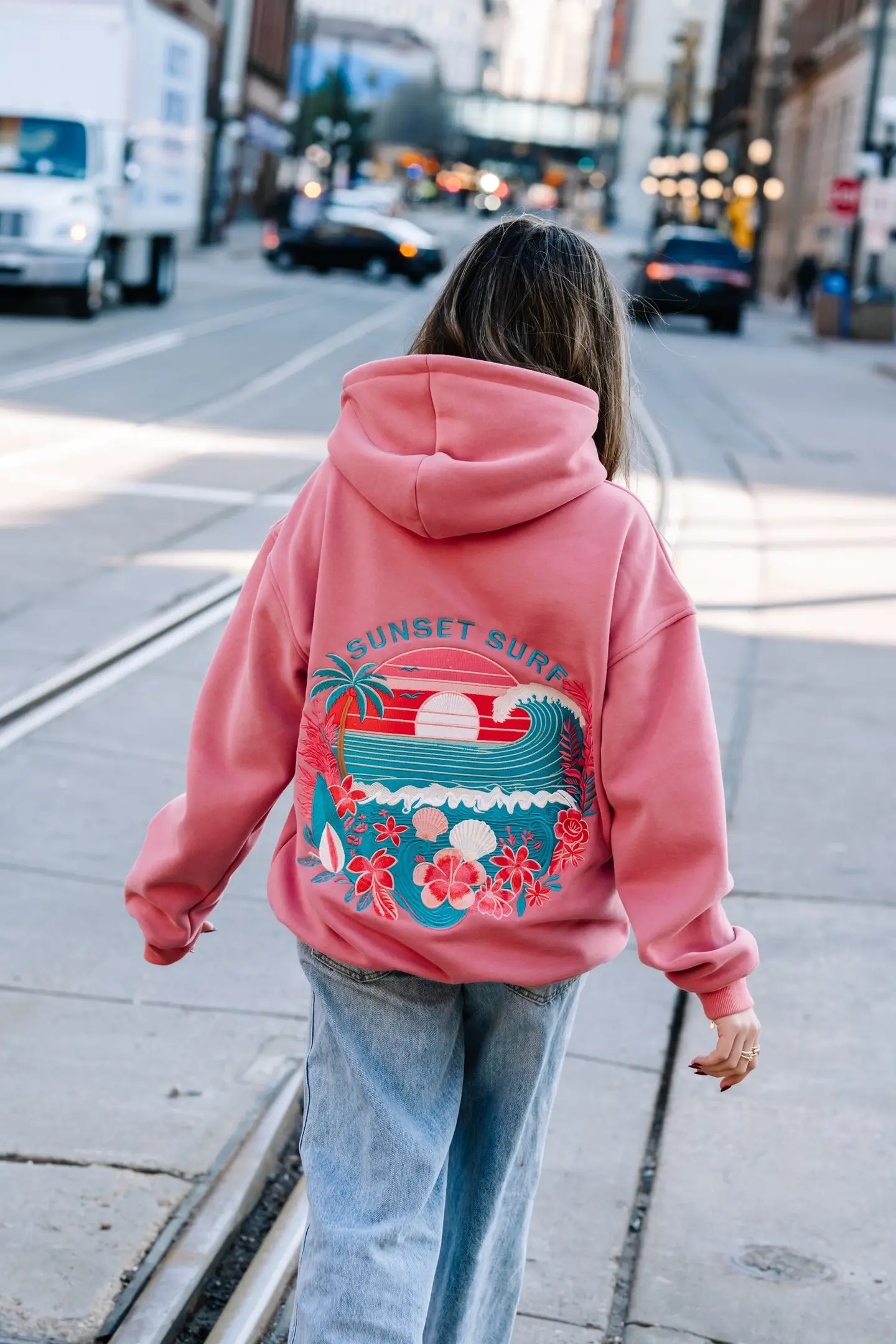 Sunset Surf Hoodie Coral Hibiscus Hoodie Women's Sunset Surf Apparel Best Gift For Beach Lover