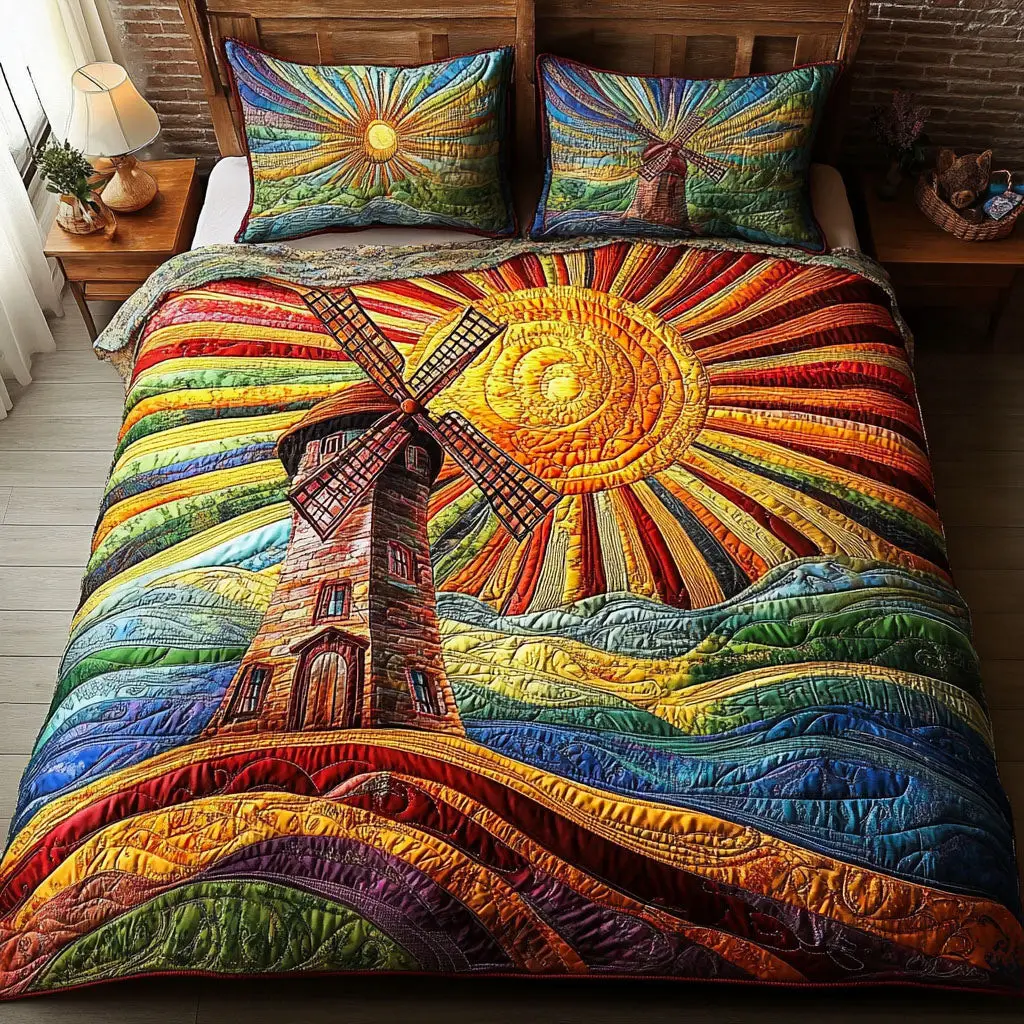 Sunset Windmill Quilted Bedding Set Stylish Bedding Merch Gift for Home Lovers Sunset Windmill Quilted Bedding Set Stylish Bedding Merch Gift for Home Lovers - Image 1