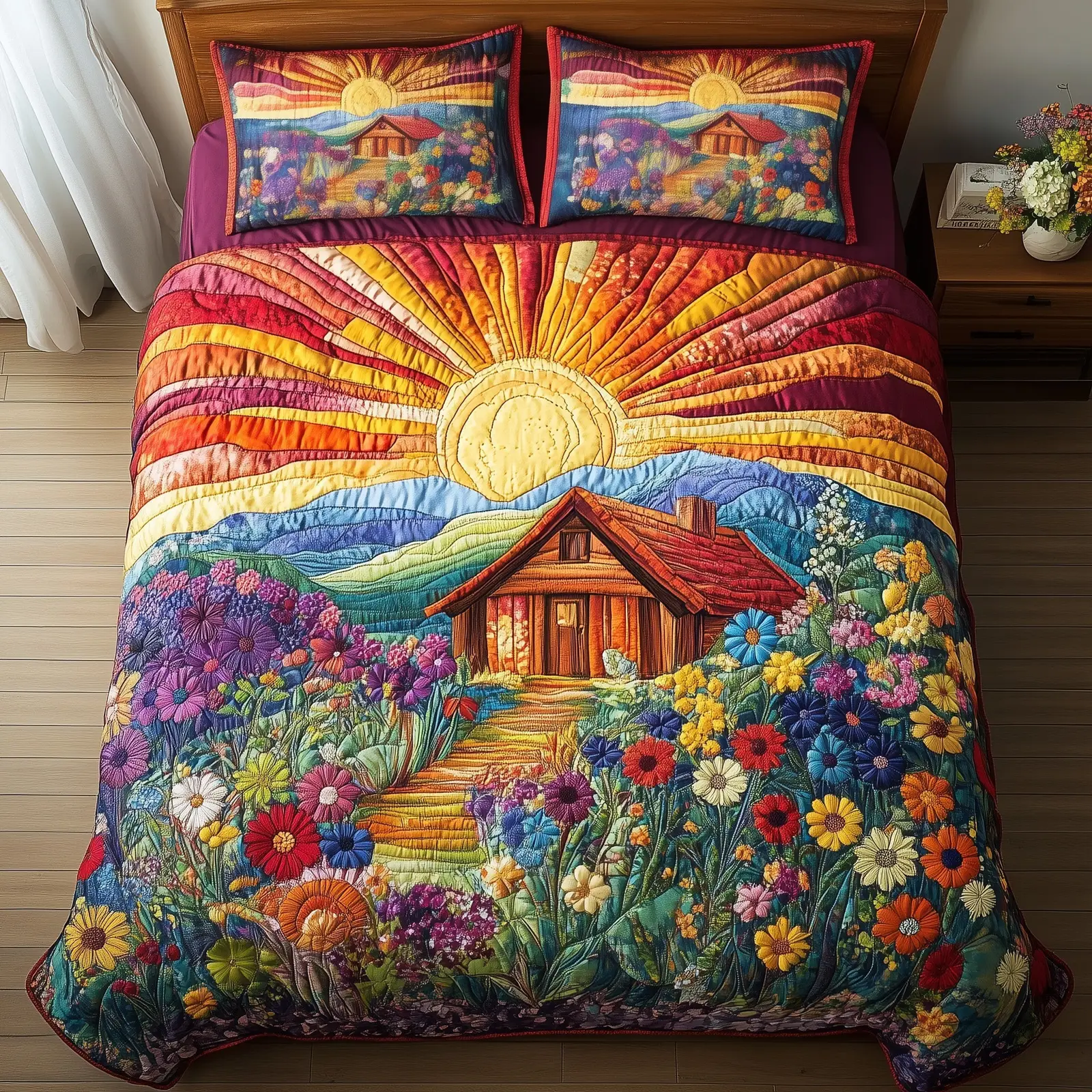 Sunshine Cabin Quilted Bedding Set Duvet Cover Bedspread Sunrise Theme Presents