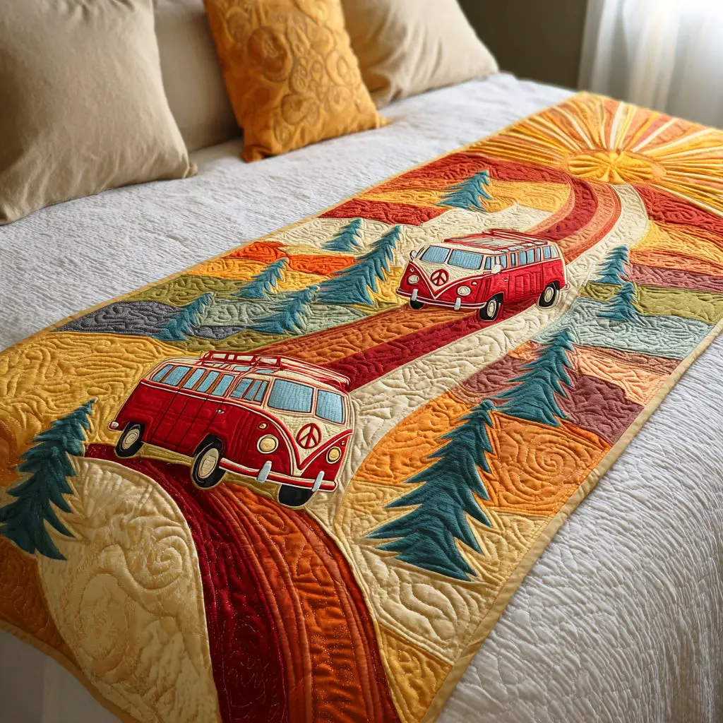 Sunshine Peace Van Quilted Bed Runner Retro Van Peace Theme Gift for Hippie Lovers