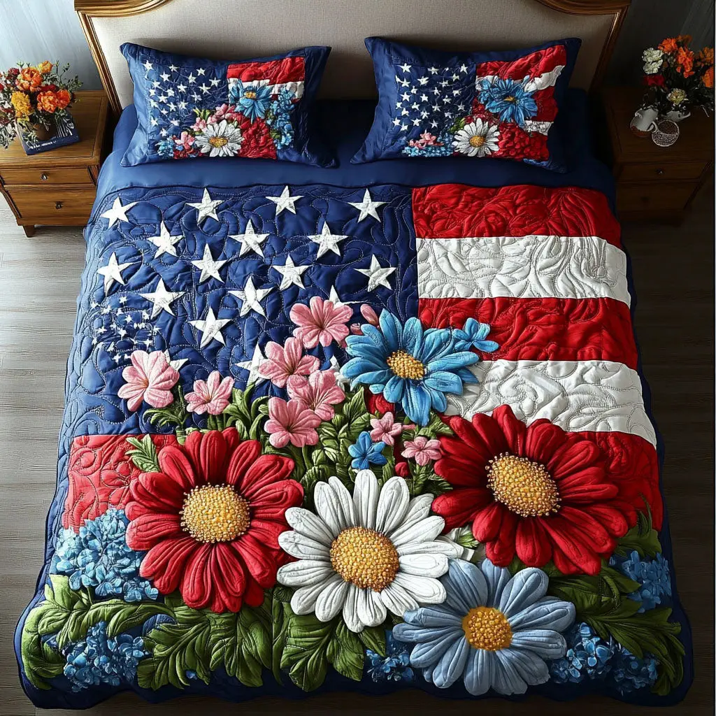 Suower Glory  Quilted Bedding Set  Floral Duvet Cover 4Th Of July Gifts For Coworkers