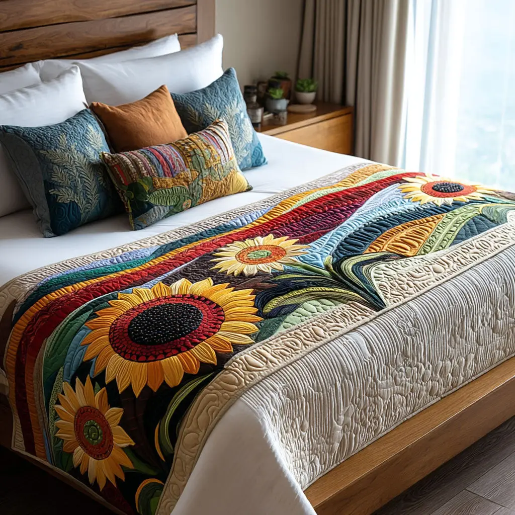 Suower Meadows Quilted Bed Runner Suower Meadow Glow Gift for Floral Lovers