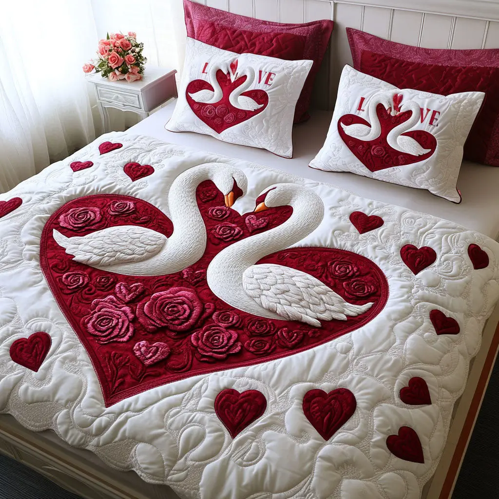 Swan Quilted Bedding Set Swan Song Of Love Duvet Cover Valentine Day Presents For Girl
