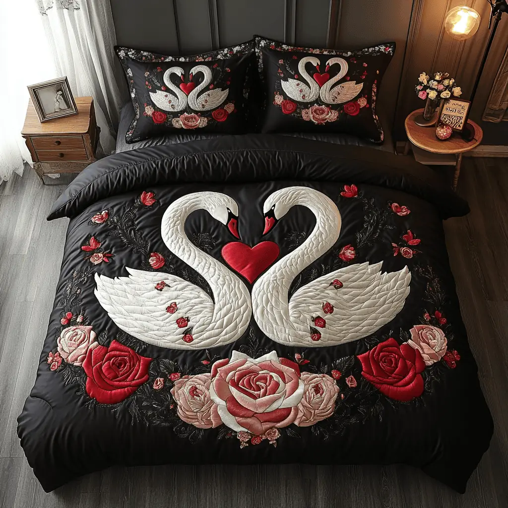 Swan Quilted Bedding Set Timeless Swan Love Duvet Cover Family Gift Ideas For Valentine Day