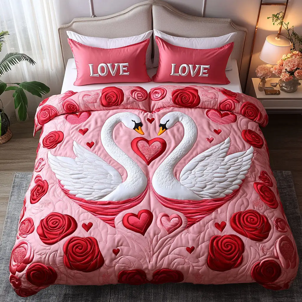 Swan Serene Love Quilted Bedding Set Great Valentine Day Gift Ideas For Her