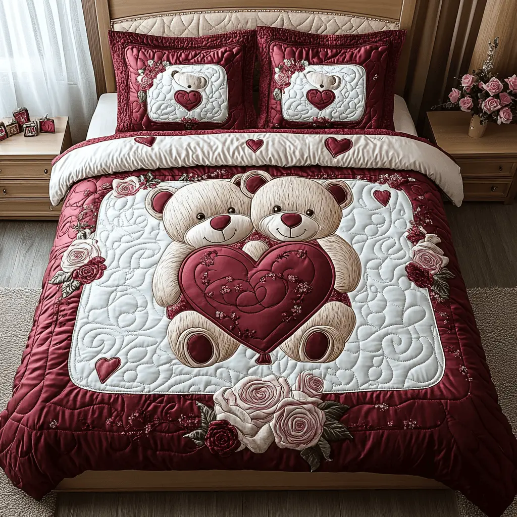 Sweetheart Hug Quilted Bedding Set Vintage Home Decor First Valentine Gift For Boyfriend