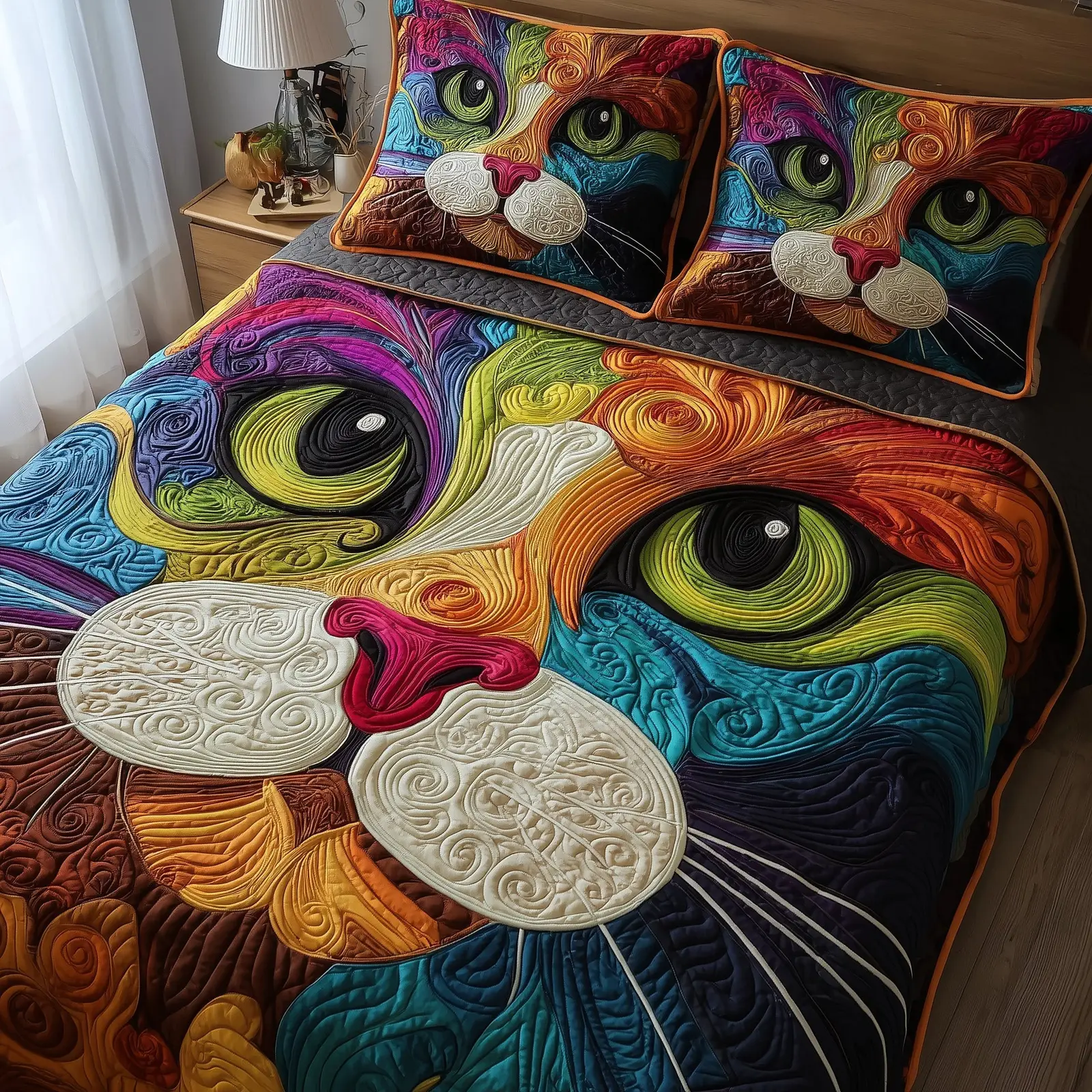 Swirly Cat Quilted Bedding Set For Men