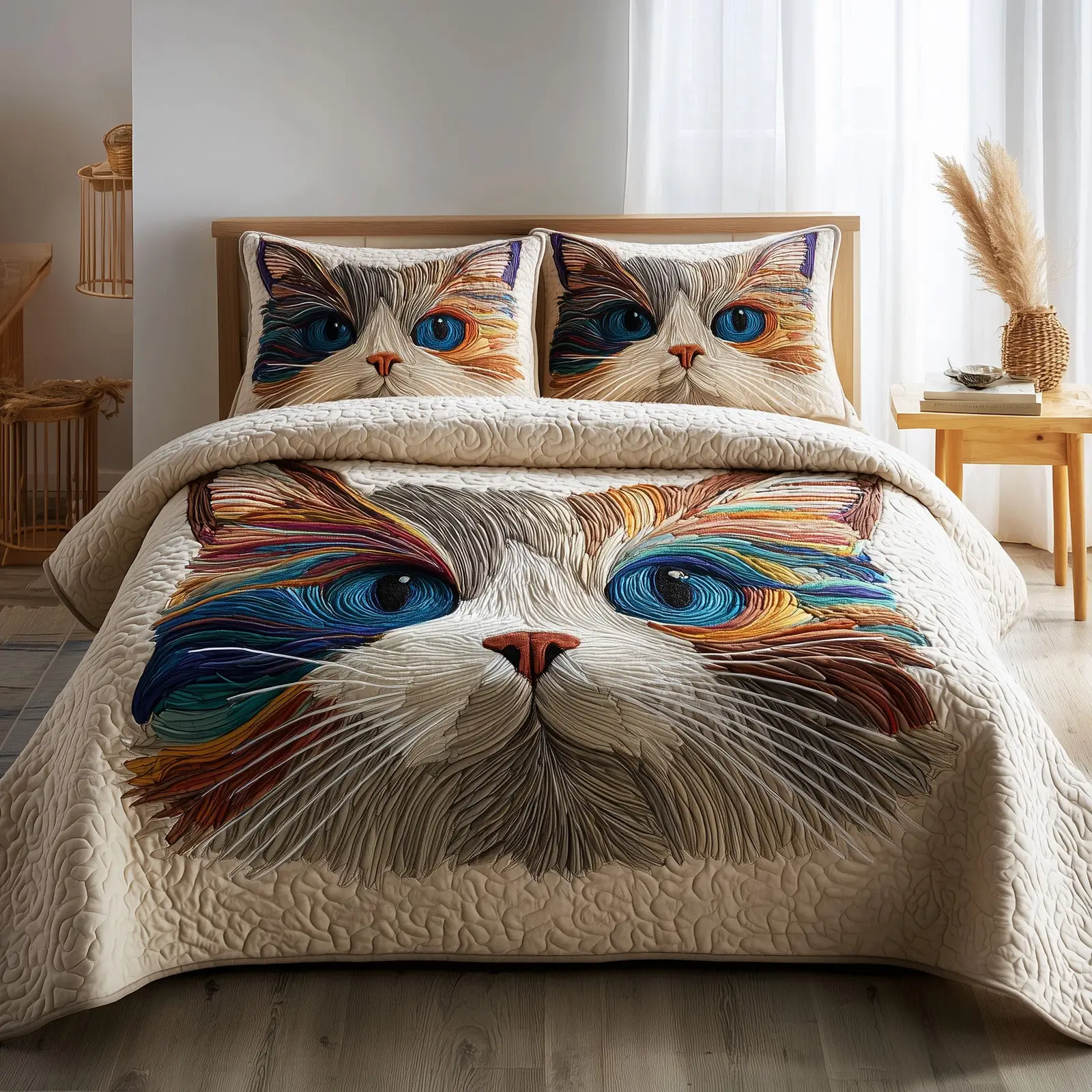 Swirly Catitude Quilted Bedding Set Cotton Sateen