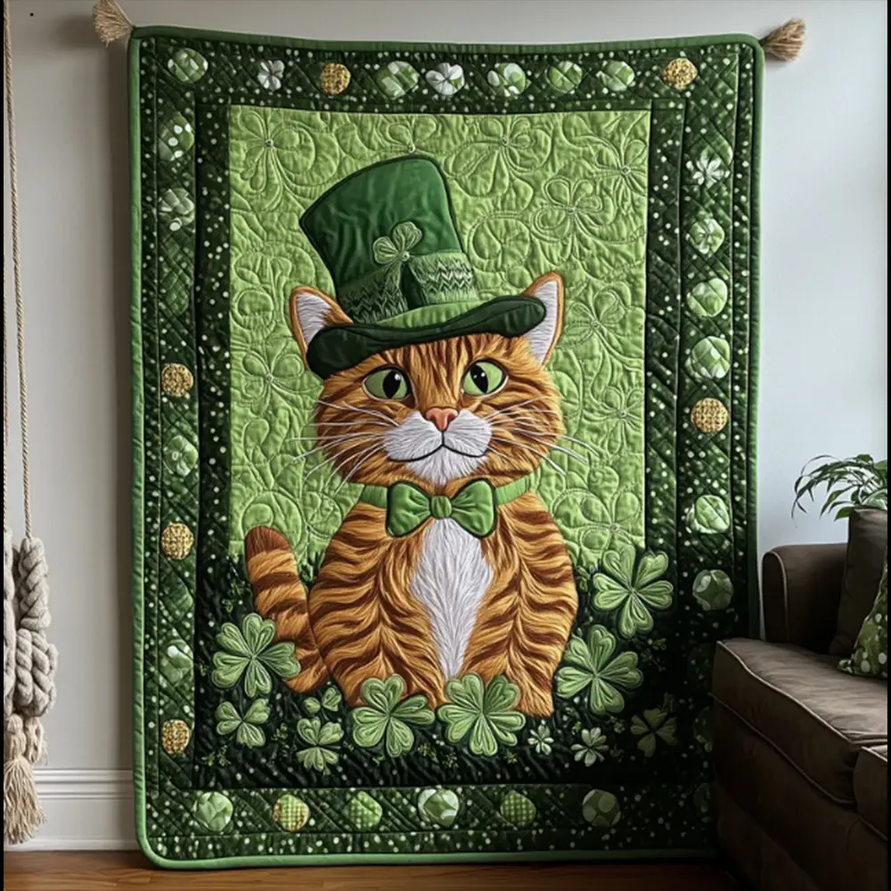 Tabby Cat With Green Hat Saint Patrick's Day Quilt Blanket Best Gift For Cat Lovers