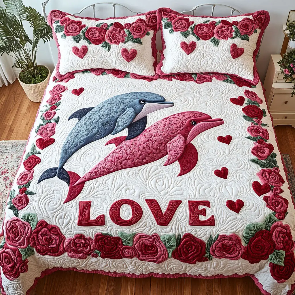 Tails of Love Quilted Bedding Set Dolphin Pair Room Decor Valentines Gifts For Boyfriend