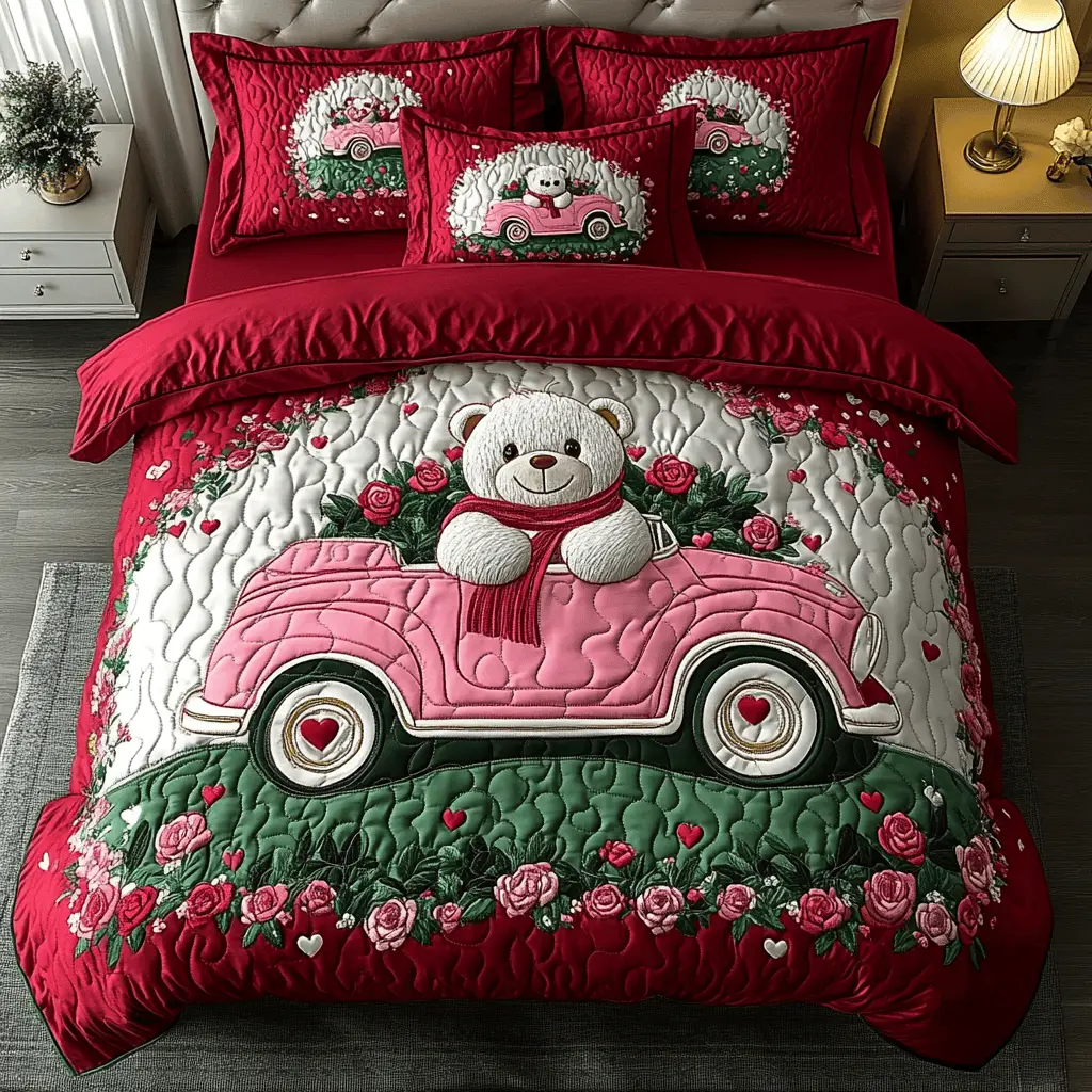 Teddy Love Charm Quilted Bedding Set Valentine Day Presents For Parents In Law
