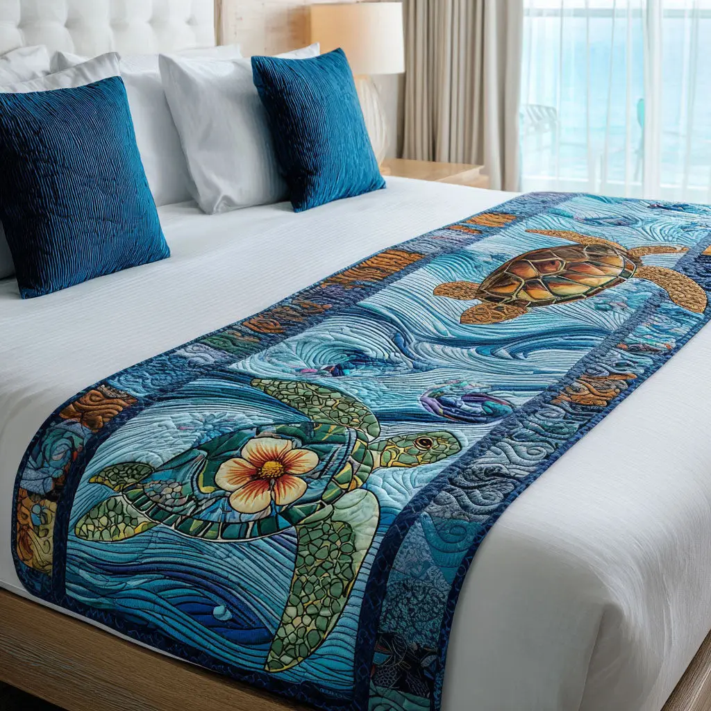 Terra Tortoise Quilted Bed Runner Terra Tortoise Path Nature Lover Gift Terra Tortoise Quilted Bed Runner Terra Tortoise Path Nature Lover Gift - Image 1
