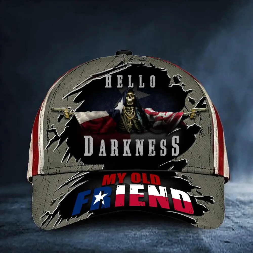 Texas Hello Darkness My Old Friend Hat Texas And USA Flag Skull Hats Father's Day Gifts 2024 -WearandDecor Texas Hello Darkness My Old Friend Hat Texas And USA Flag Skull Hats Father's Day Gifts 2024 -WearandDecor - Image 1