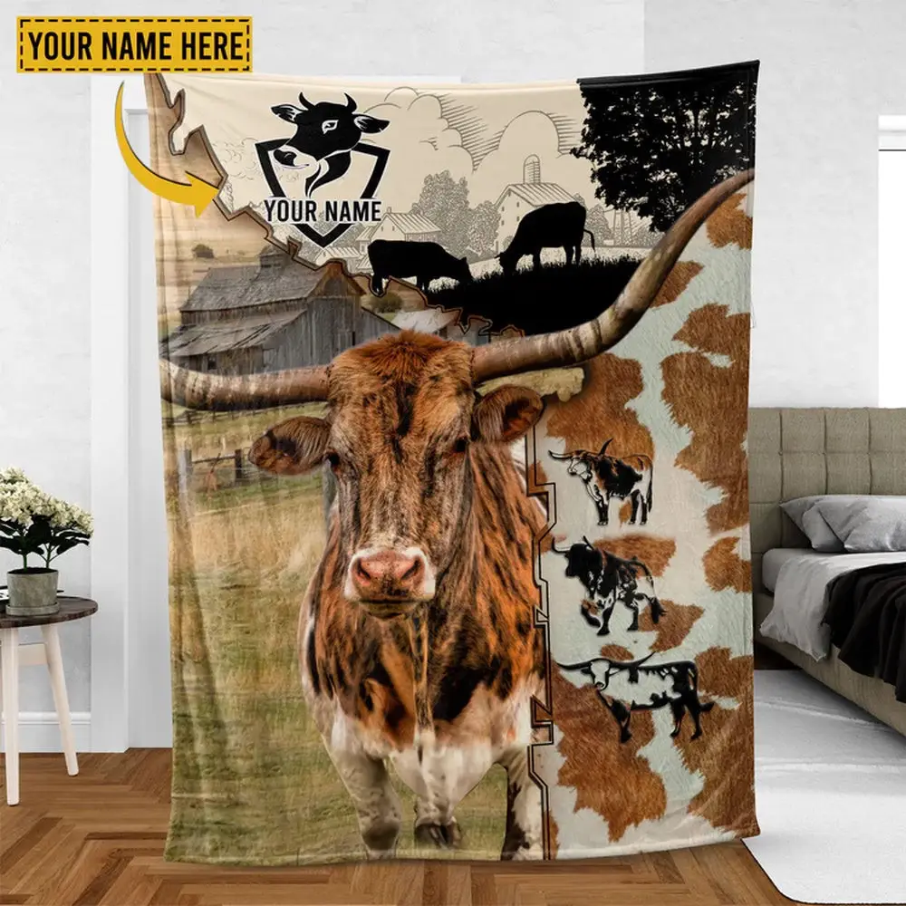 Texas Longhorn Cattle Personalized Name Feather Pattern Blanket Gift Ideas For Farmers