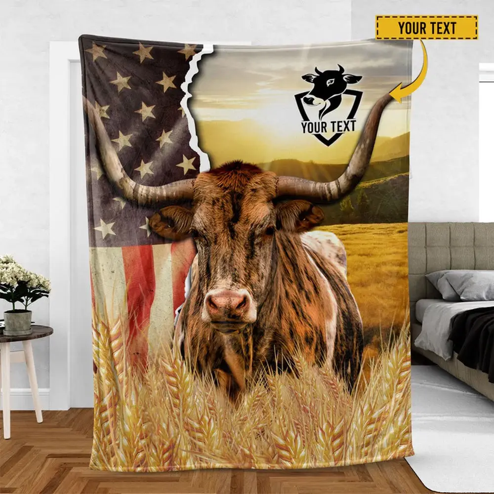 Texas Longhorn Cattle Personalized Name U.S Flag Blanket Farm Blanket Gift Ideas For Farmers