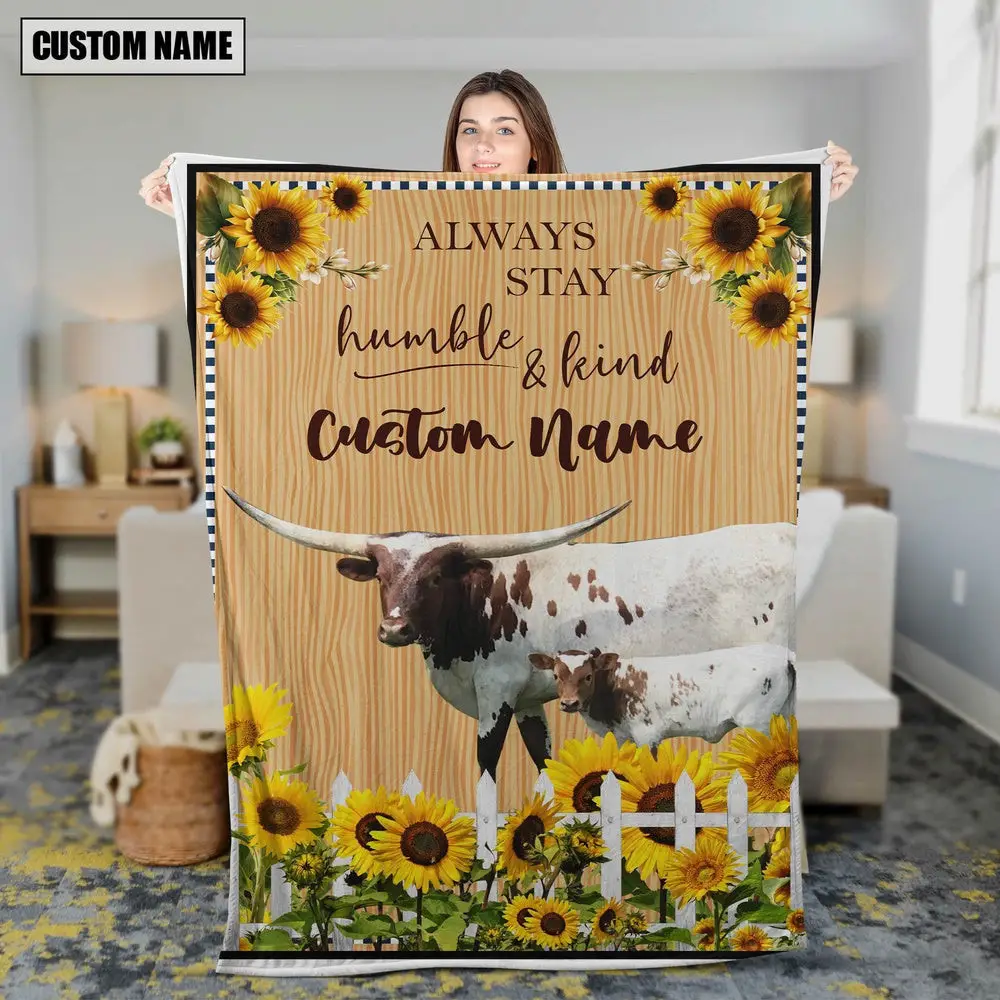 Texas Longhorn Custom Name Always Stay Humble and Kind Blanket Gift Ideas For Farmers Texas Longhorn Custom Name Always Stay Humble and Kind Blanket Gift Ideas For Farmers - Image 1