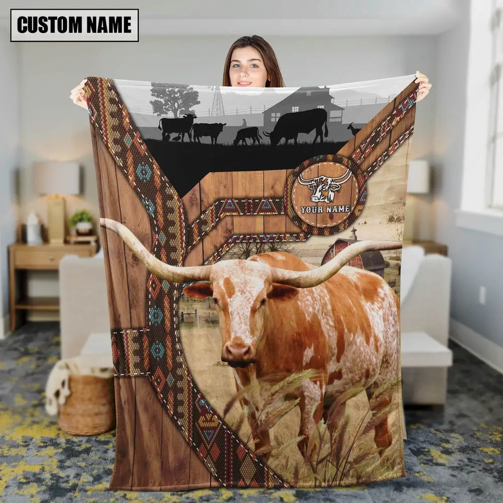 Texas Longhorn Custom Name Brocade Pattern Blanket Farm Blanket Gift Ideas For Farmers Texas Longhorn Custom Name Brocade Pattern Blanket Farm Blanket Gift Ideas For Farmers - Image 1