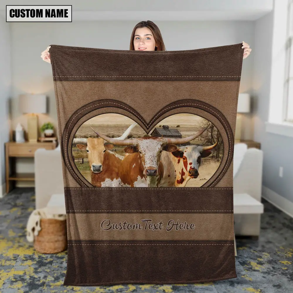Texas Longhorn In Heart Personalized Name Blanket Farm Blanket Gift Ideas For Farmers