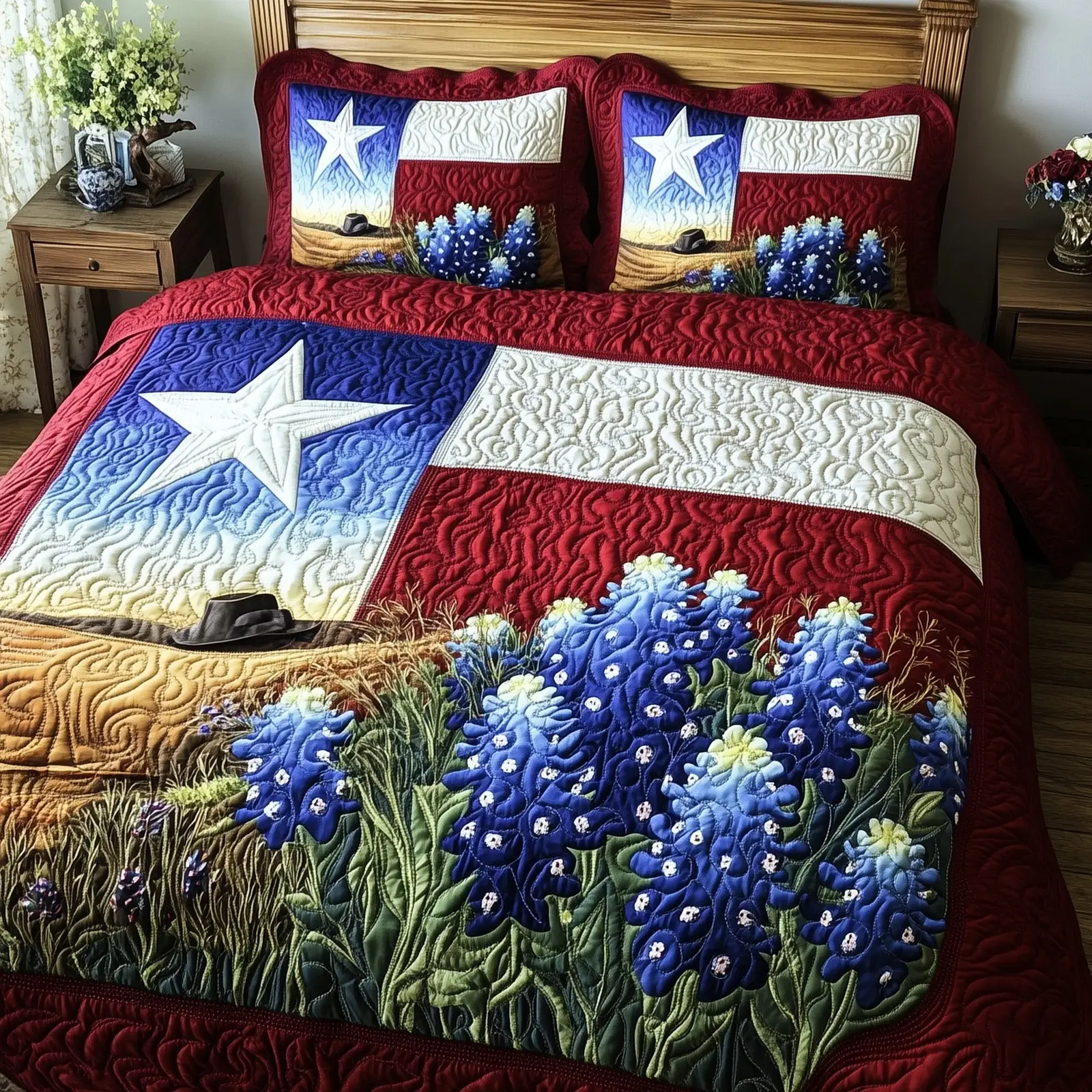 Texas Pride Quilted Bedding Set Full Size Bed Set Fourth Of July Hostess Gifts