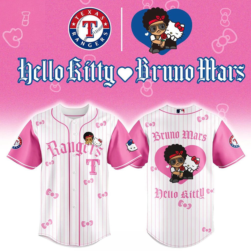 Texas Rangers Hello Kitty x Bruno Mars Pop Up 2026 Tour Baseball Jersey Texas Rangers Merch