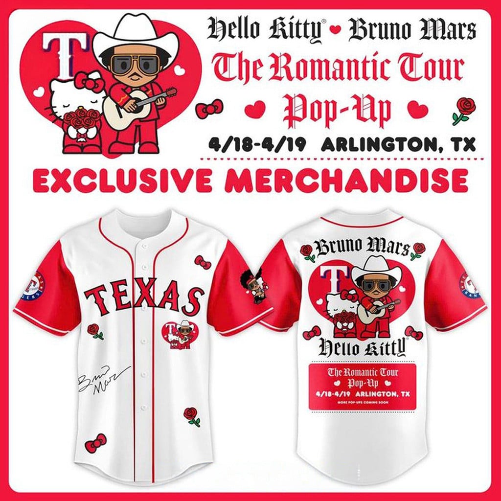 Texas Rangers Hello Kitty X Bruno Mars Romantic Tour 2026 Pop-Up Jersey Texas Rangers Merch
