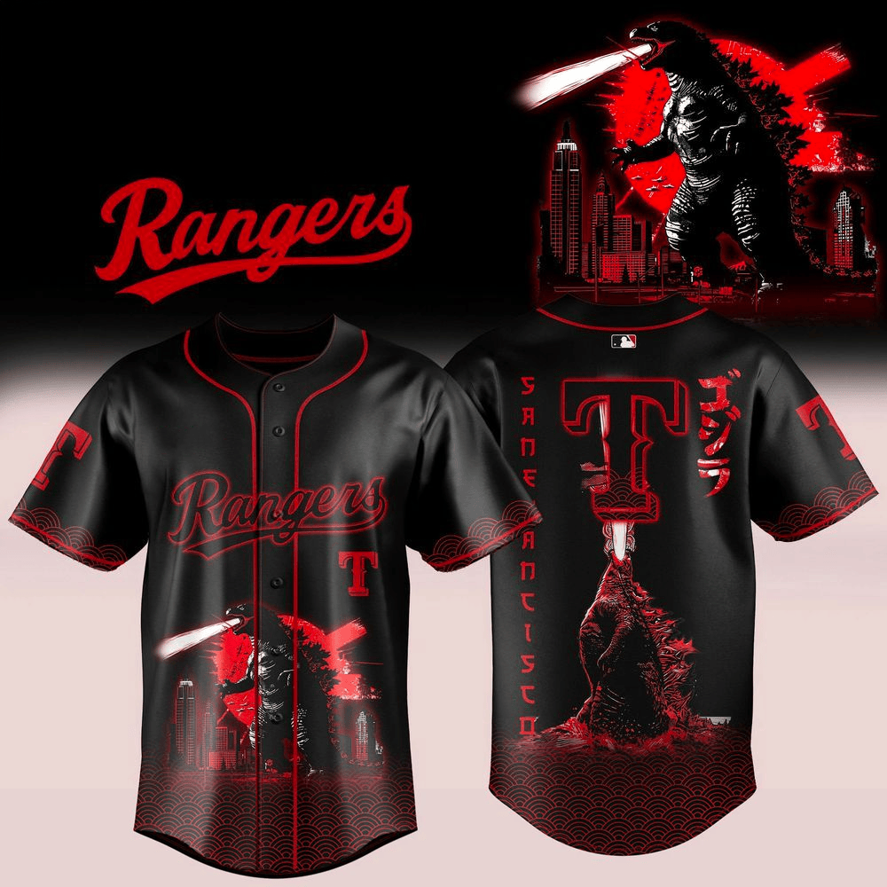 Texas Rangers x Godzilla 2026 Jersey Rangers Merch Presents For Baseball Fans