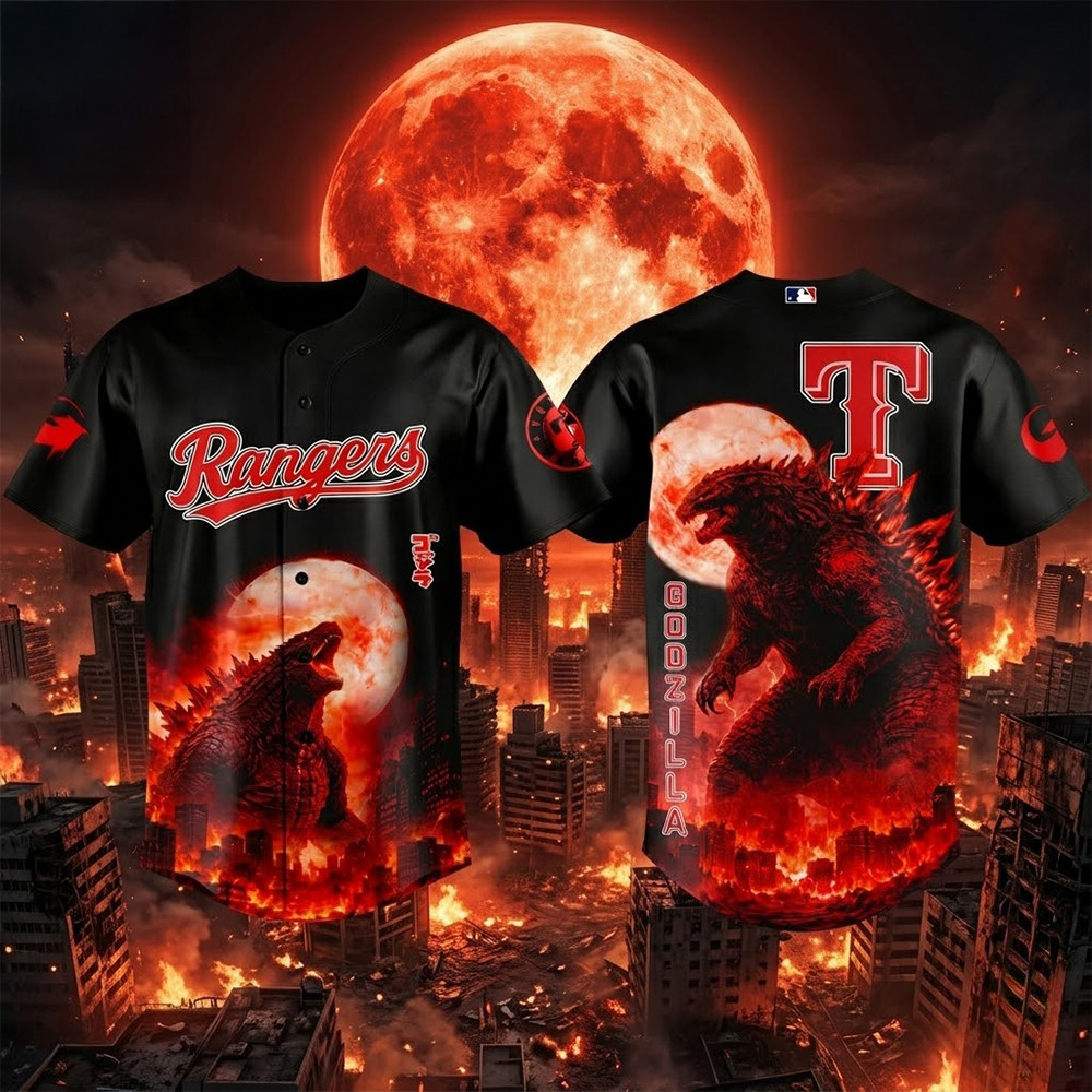 Texas Rangers x Godzilla King Of The Monsters 2026 Baseball Jersey Texas Rangers Merch Texas Rangers x Godzilla King Of The Monsters 2026 Baseball Jersey Texas Rangers Merch - Image 1
