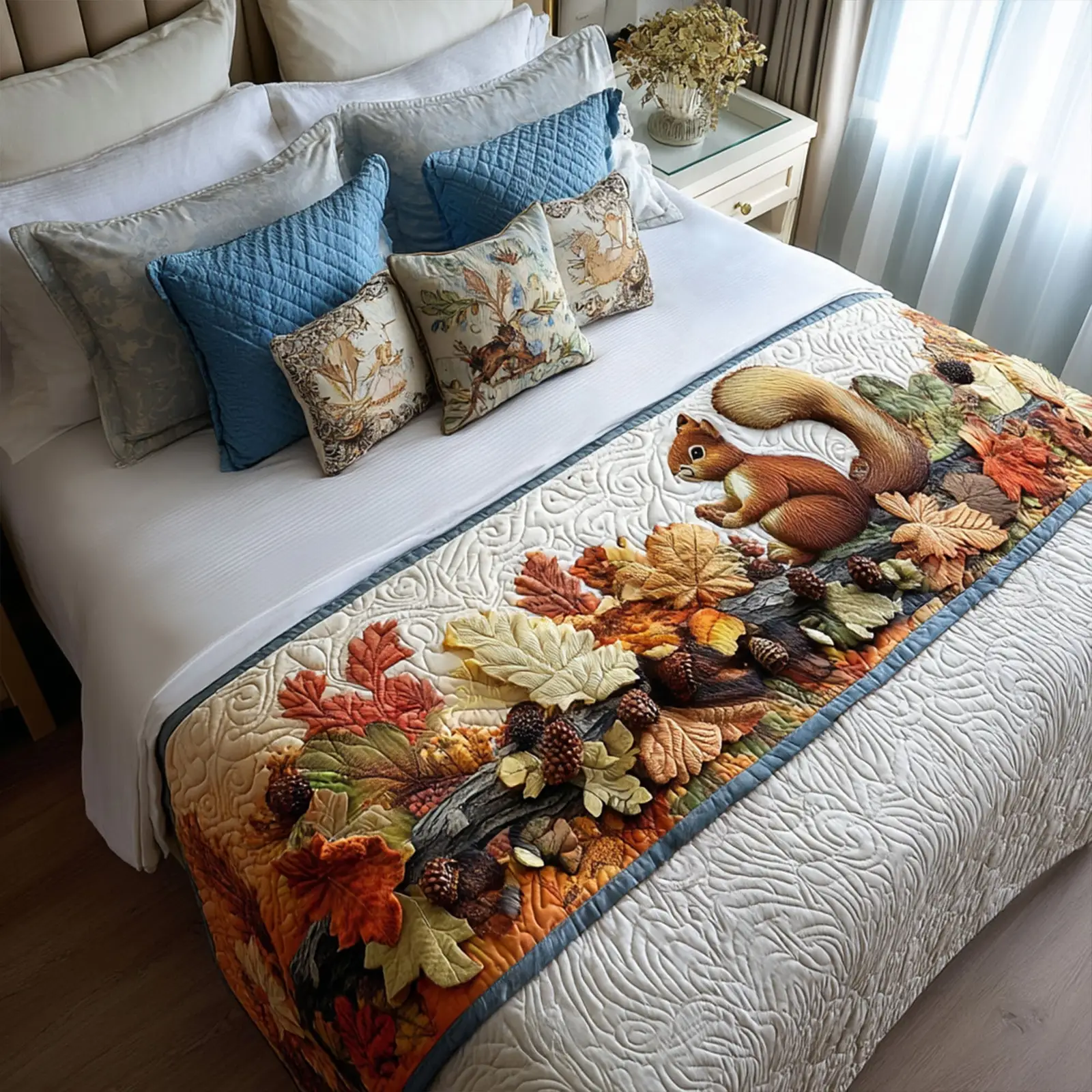 The Autumn Squirrel Quilted Bed Runner Autumn Squirrel Theme Fall Seasonal Gift