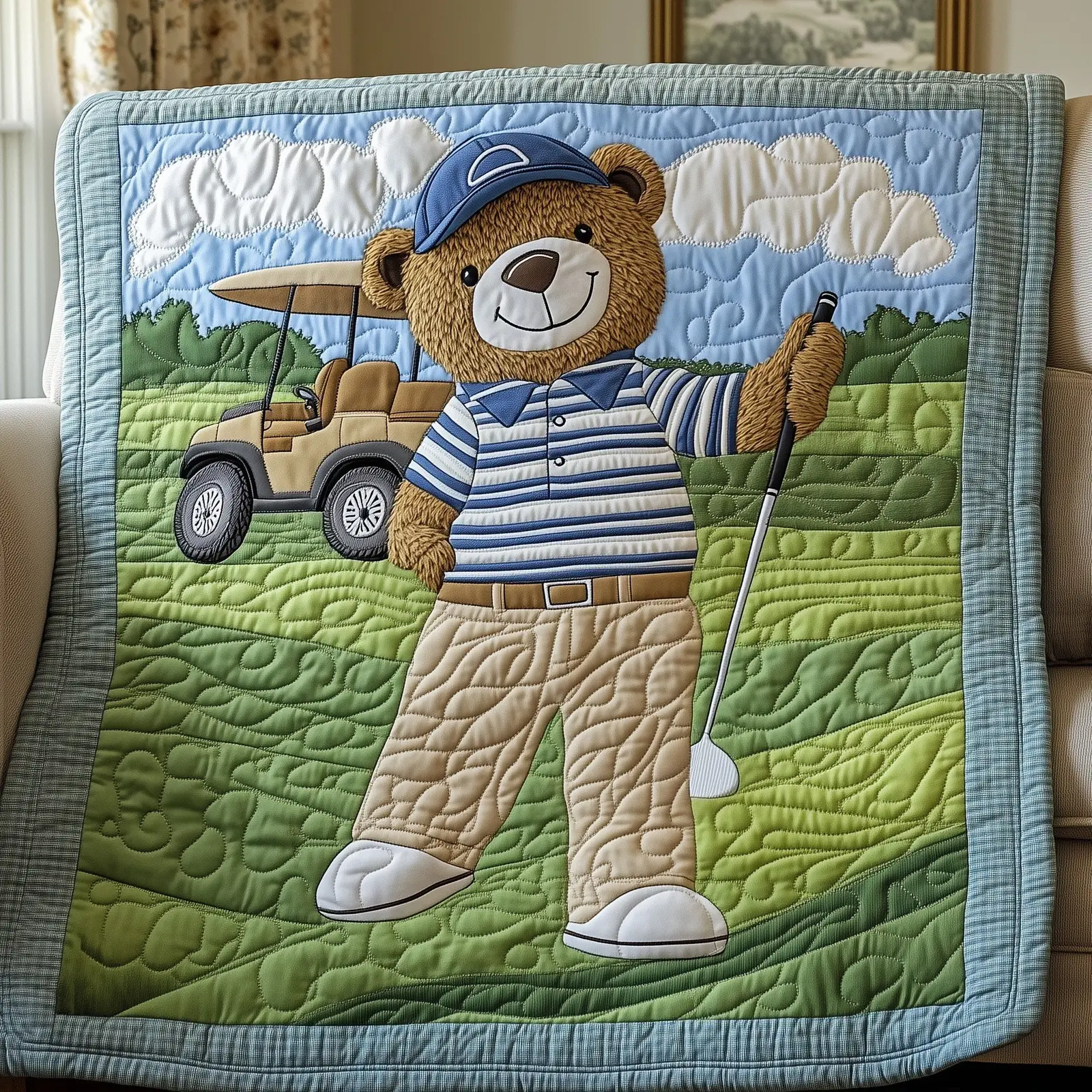 The Gentle Golfer Quilted Blanket Relaxed Golfing Scene Quilt Gifts For Gummy Bear Golf Lovers