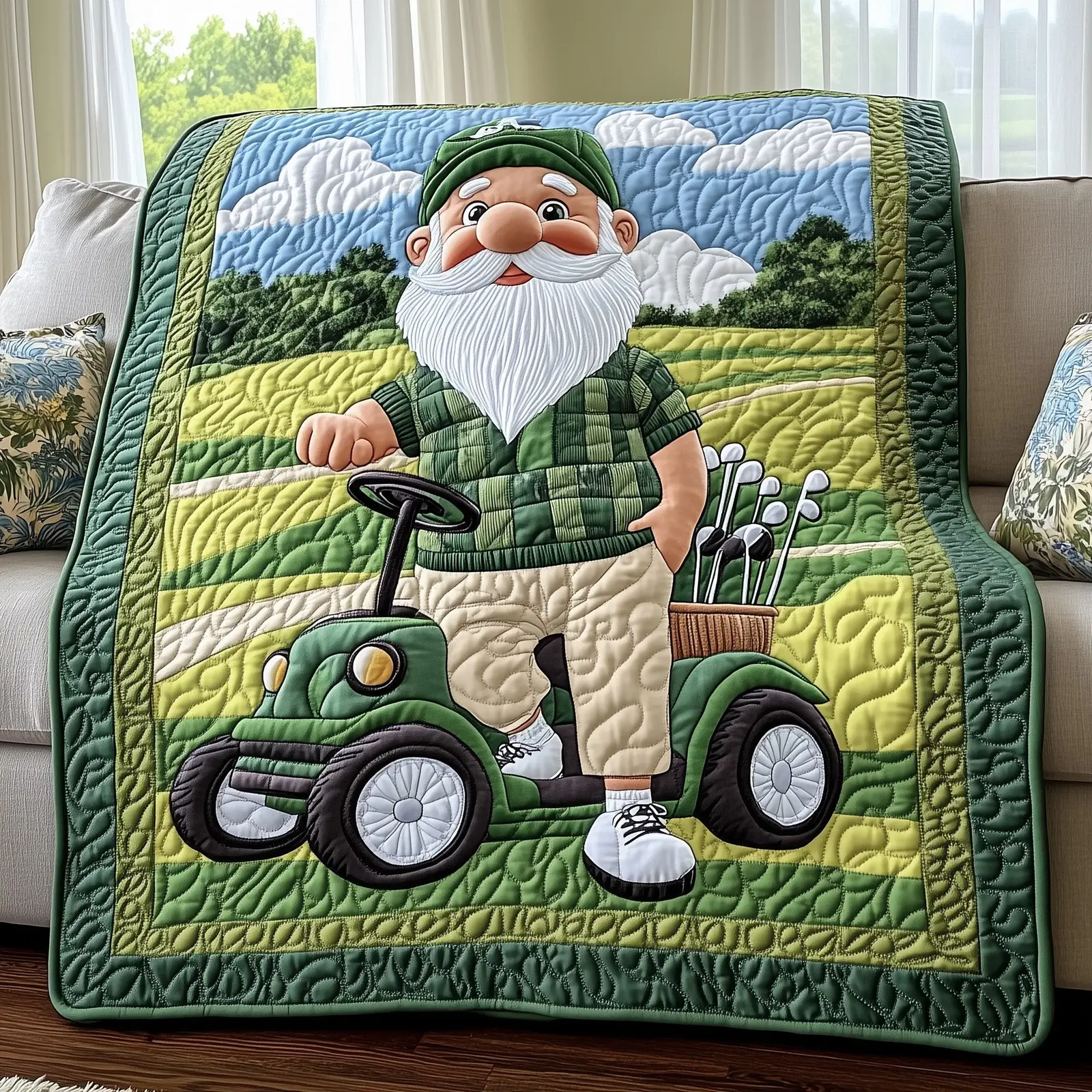 The Golfing Gnome Quilted Blanket Whimsical Sport Garden Art Cute Gnome And Golf Gifts