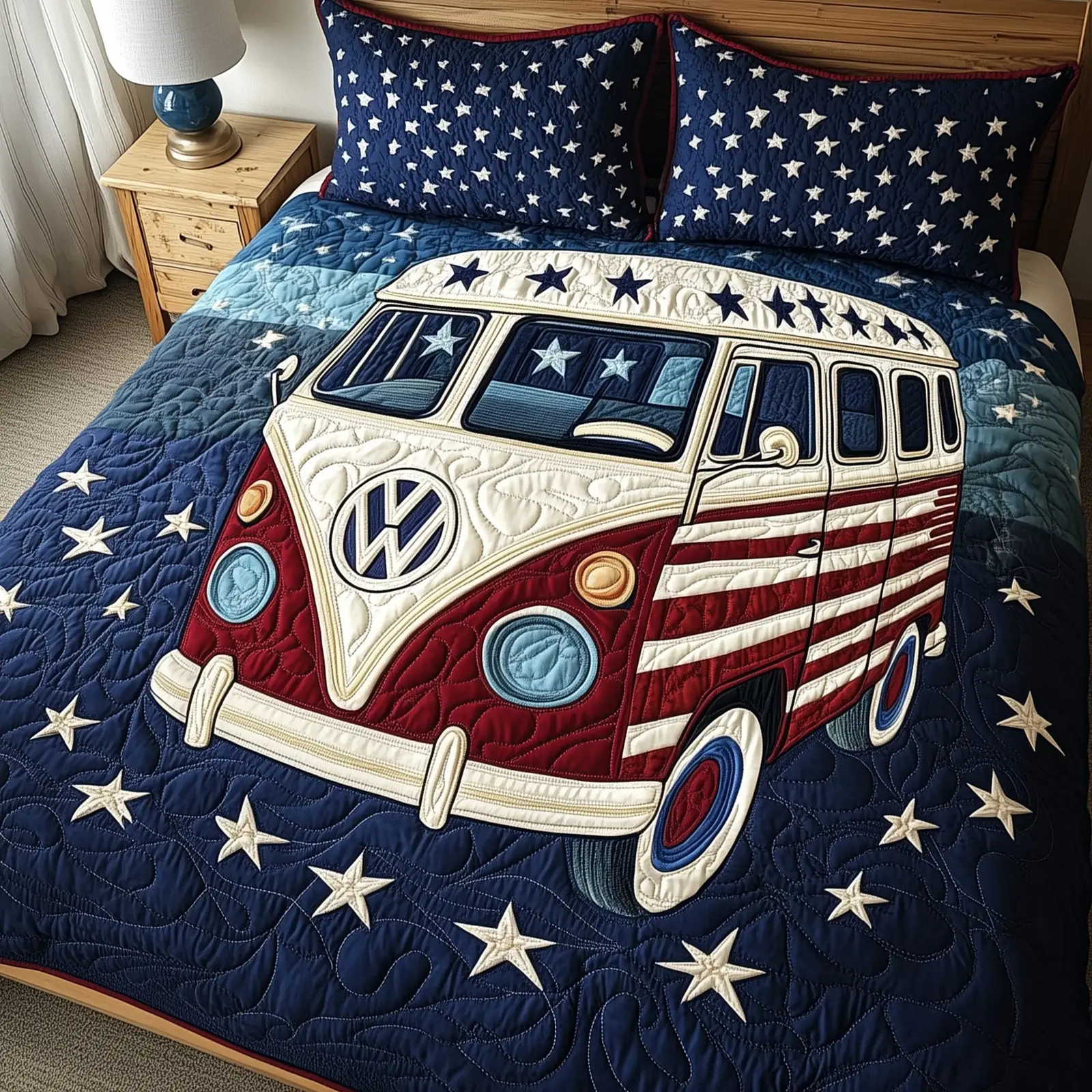 The Independence Bus  Quilted Bedding Set Patritotic Duvet Covers Meaningful Gifts For Mom