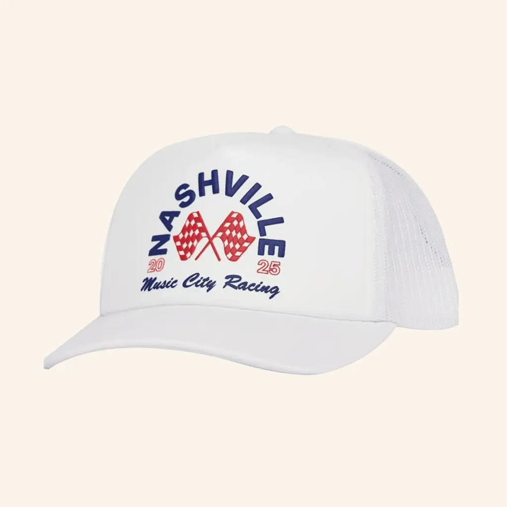 The Nash Collection Merch Nashville Racing Americana White Trucker Hat Embroidered Him Gifts -WearandDecor