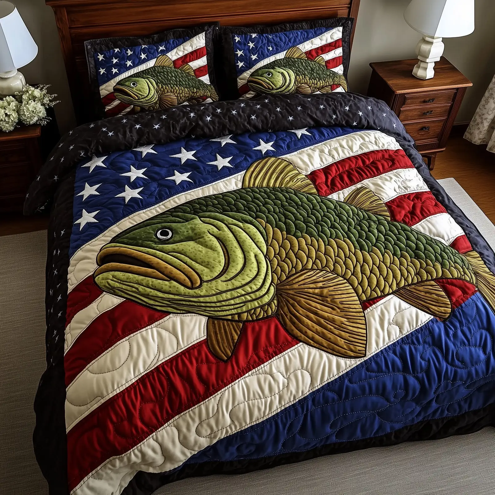 The Patriotic Fish  Quilted Bedding Set Best Bedding Sets 4Th Of July Neighbor Gifts