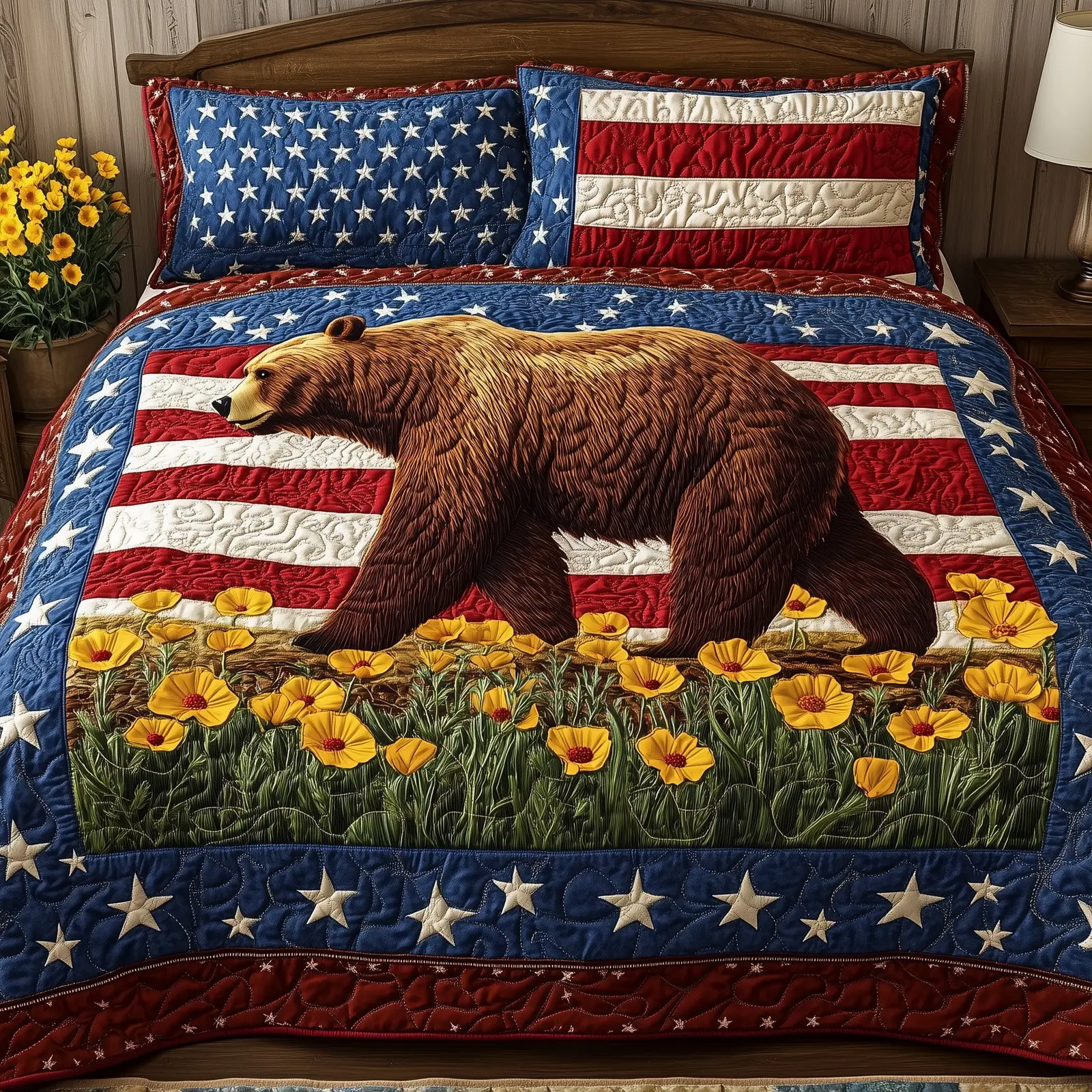The Patriotic Grizzly  Quilted Bedding Set Best Bedding Sets 4Th Of July Neighbor Gifts